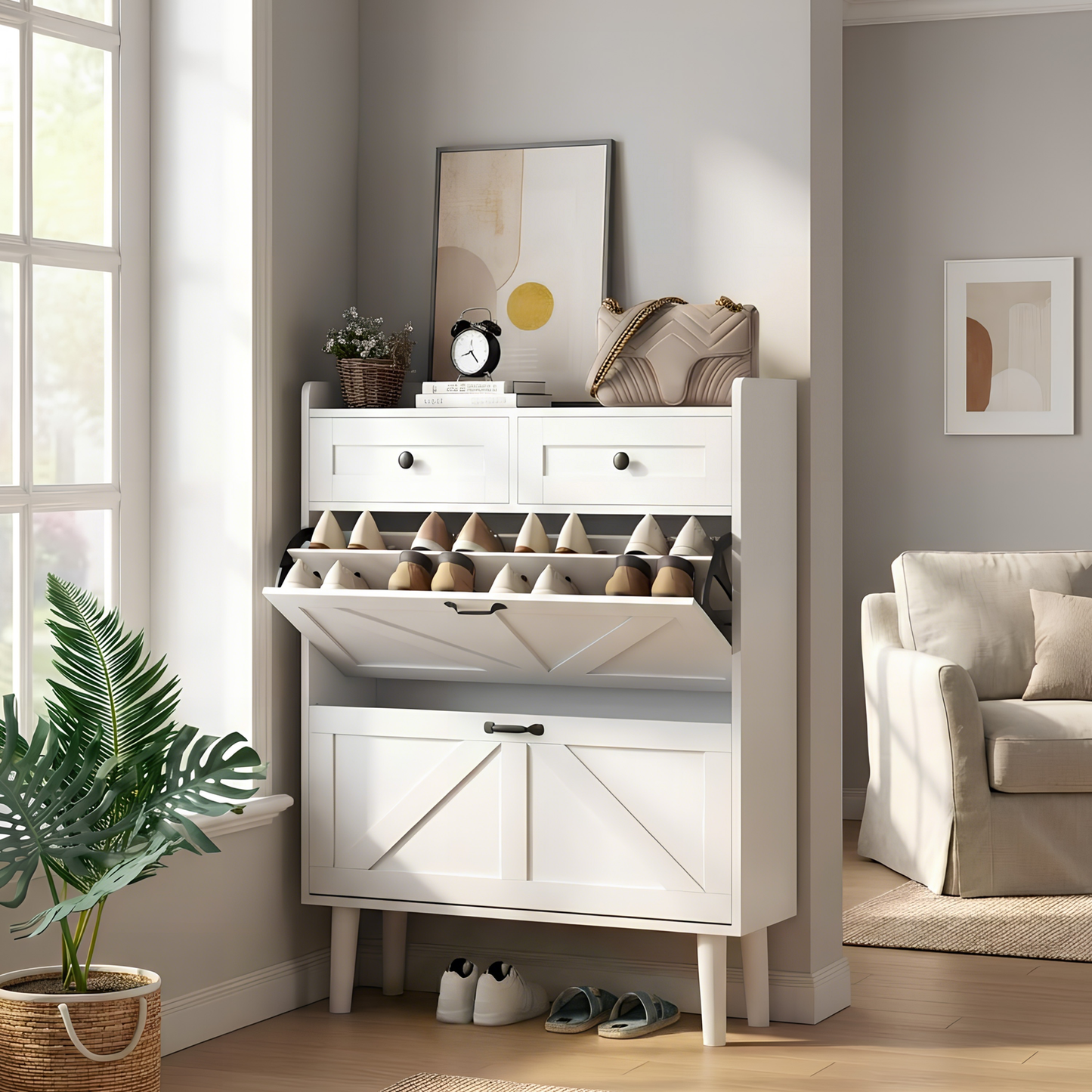 Shoe Cabinet with 2 Flip Drawers & 2 Drawers, Narrow Shoe Storage Cabinet, Freestanding Hidden Shoe Rack Cabinet for Entryway, Living Room, Front Door, Behind Door, White