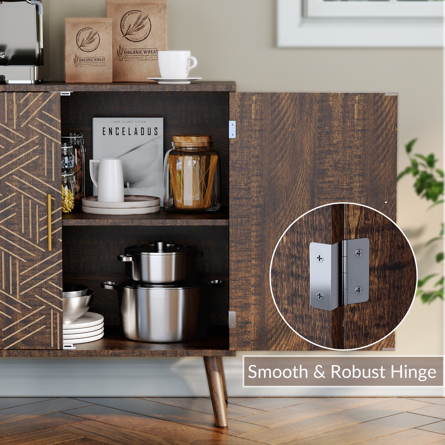 Sideboard Buffet Cabinet with Storage, Elegant Wood Accent Cabinet with Line Groove Design, Freestanding Storage Cabinet with Adjustable Shelves for Living Room, Kitchen, Entryway, Walnut