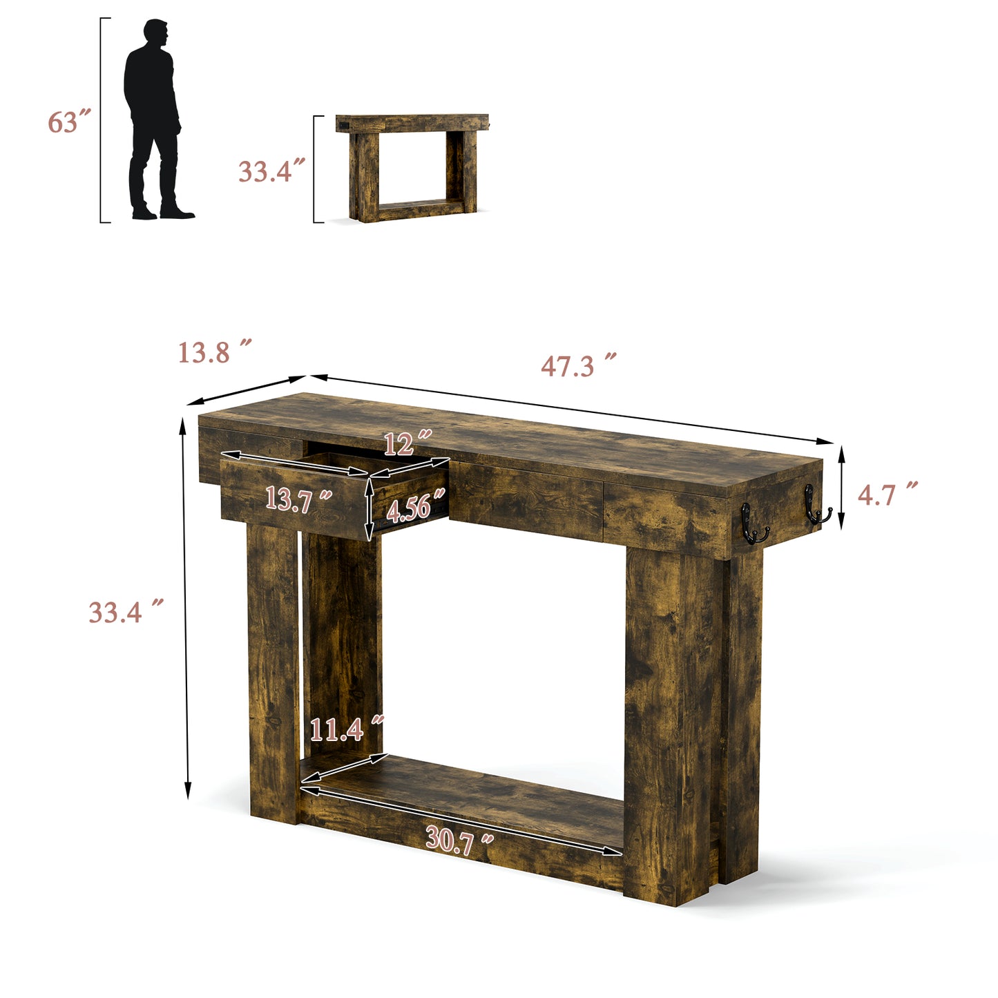 47'' Console Table with 3 Drawers and Open Storage, Entryway Table with Socket, LED Light and Hooks, Narrow Long Wood Sofa Table Behind Couch Table for Living Room, Hallway, Foyer, Brown