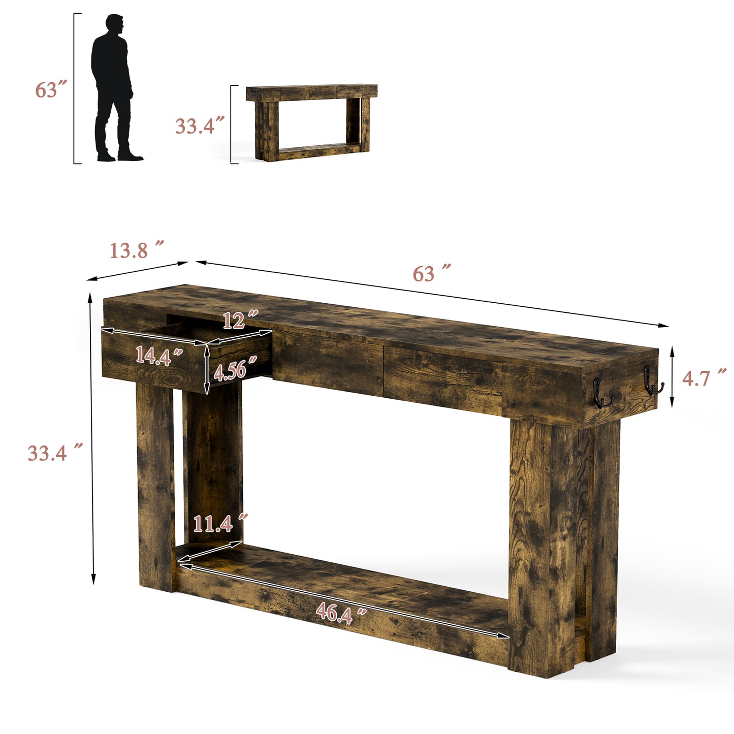 63'' Console Table with 3 Drawers and Open Storage, Entryway Table with Socket, LED Light and Hooks, Narrow Long Wood Sofa Table Behind Couch Table for Living Room, Hallway, Foyer, Brown