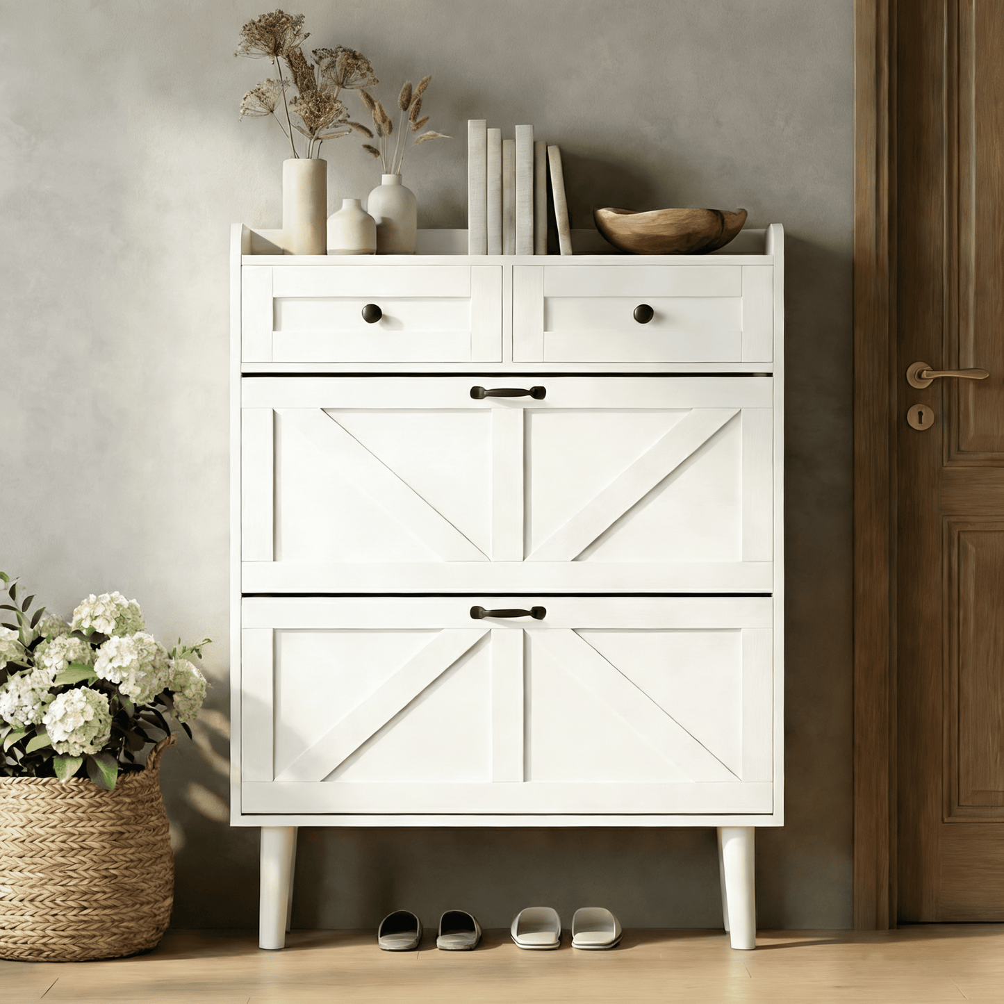 Shoe Cabinet with 2 Flip Drawers & 2 Drawers, Narrow Shoe Storage Cabinet, Freestanding Hidden Shoe Rack Cabinet for Entryway, Living Room, Front Door, Behind Door, White
