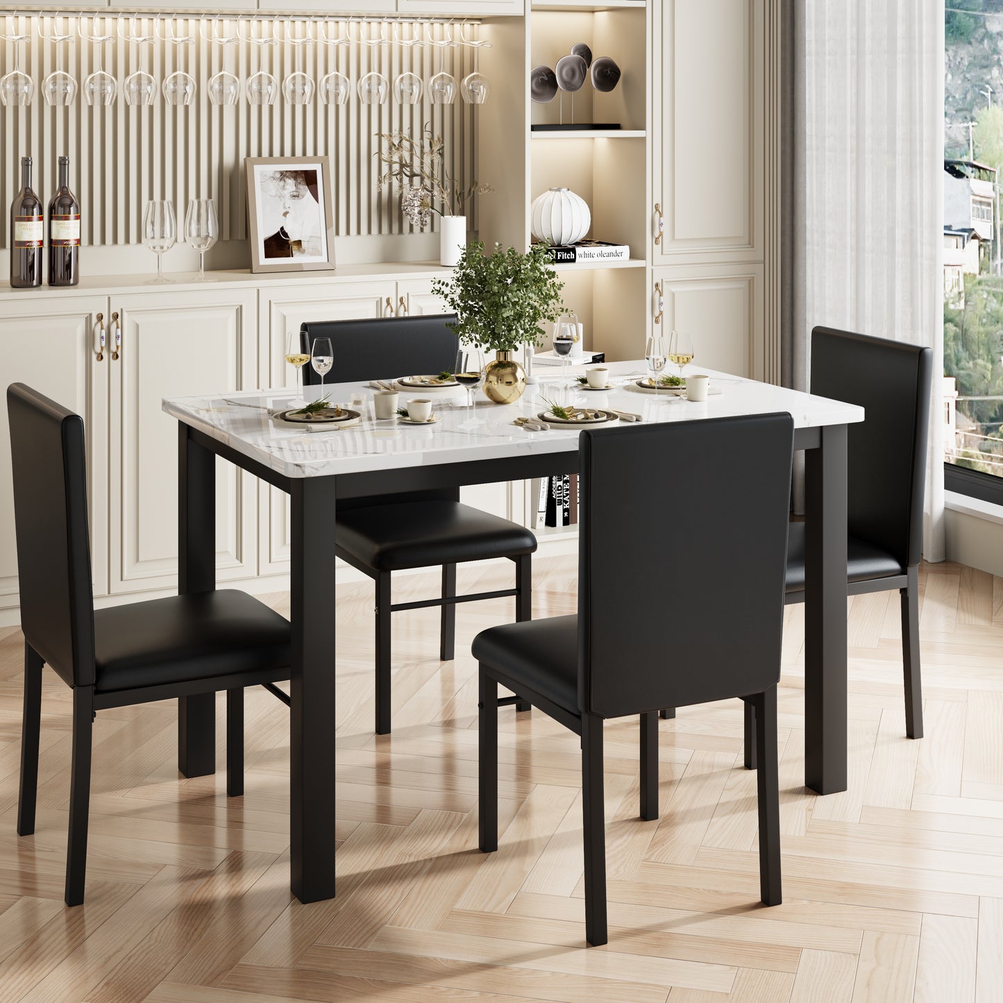 5 Piece Dining Table Set for 4, Compact Kitchen Table and Chairs Set of 4 with Faux Marble Top & Sturdy Metal Frame, Modern Dinner Table Set for Small Spaces, Apartment, White & Black