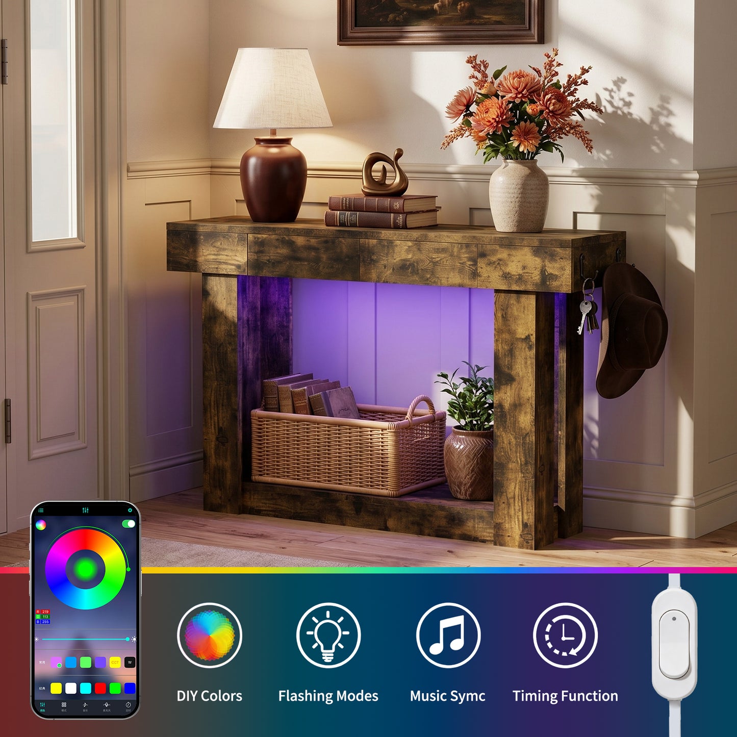 47'' Console Table with 3 Drawers and Open Storage, Entryway Table with Socket, LED Light and Hooks, Narrow Long Wood Sofa Table Behind Couch Table for Living Room, Hallway, Foyer, Brown