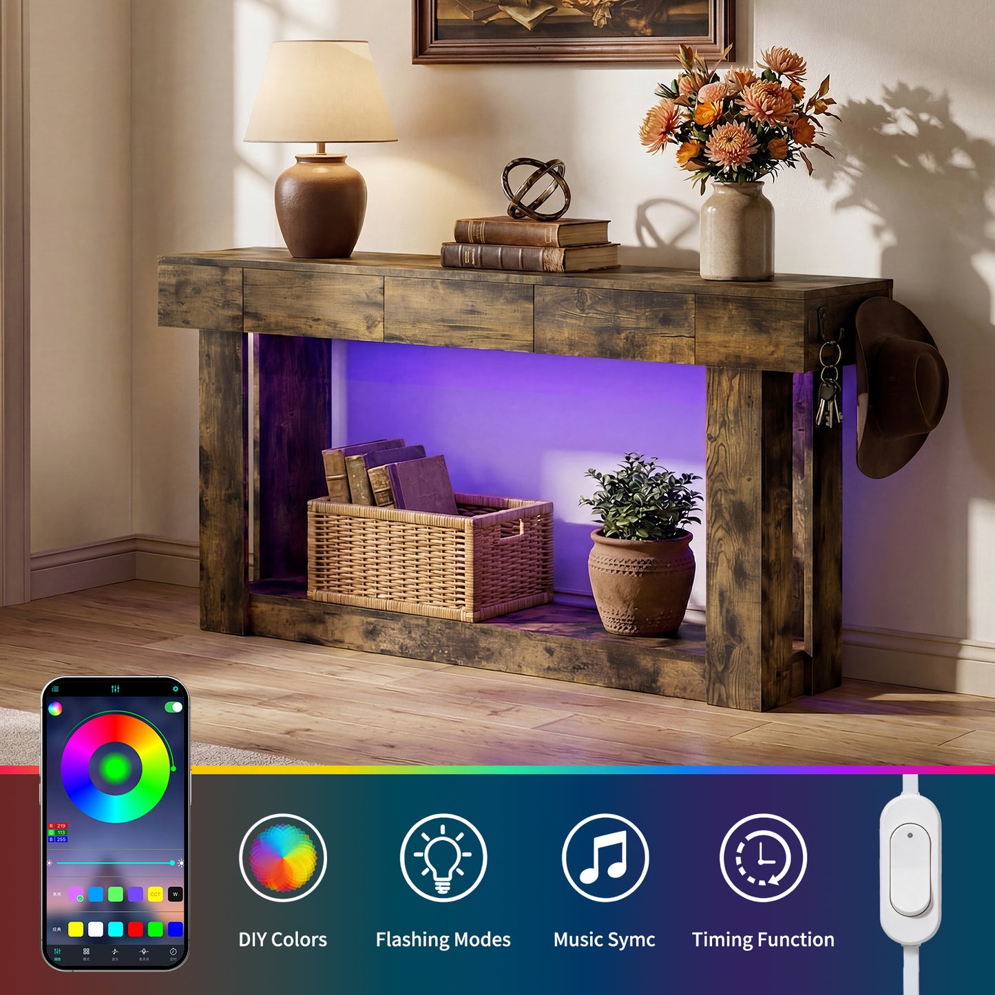 63'' Console Table with 3 Drawers and Open Storage, Entryway Table with Socket, LED Light and Hooks, Narrow Long Wood Sofa Table Behind Couch Table for Living Room, Hallway, Foyer, Brown
