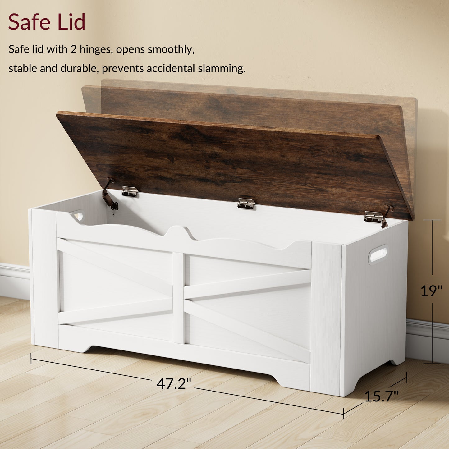 47.2" Wooden Storage Bench, Flip Top Trunk with 2 Safety Hinges, 300lbs Capacity, Multifunctional Entryway Bench for Hallway Bedroom Living Room, Blanket Organizer, White Walnut
