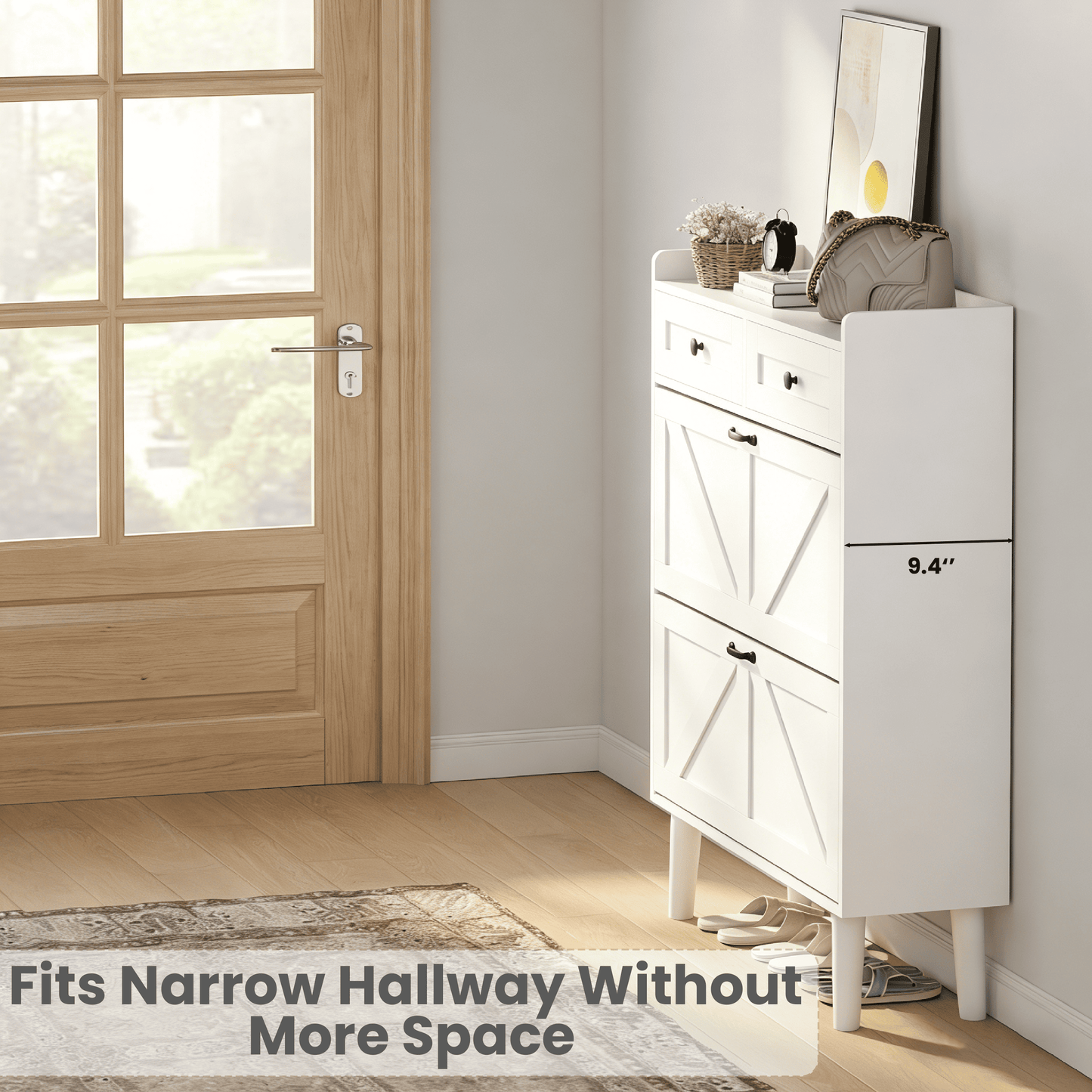 Shoe Cabinet with 2 Flip Drawers & 2 Drawers, Narrow Shoe Storage Cabinet, Freestanding Hidden Shoe Rack Cabinet for Entryway, Living Room, Front Door, Behind Door, White
