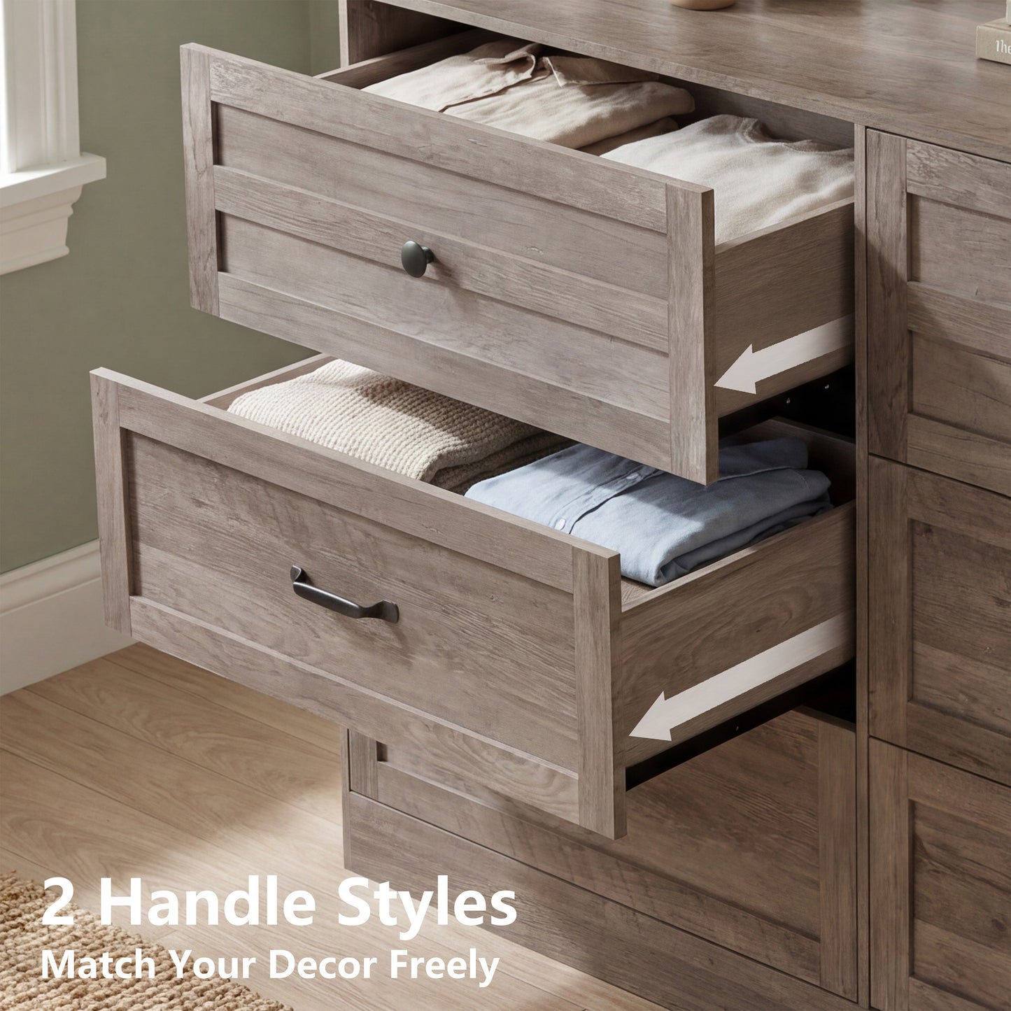 54'' Farmhouse 6 Drawer Dresser, Light Grey Wood Chest of Drawers with Metal Handles, Anti-Tipping Storage Organizer, Multi-use Bedroom Closet Dresser for Living Room Entryway Home Office