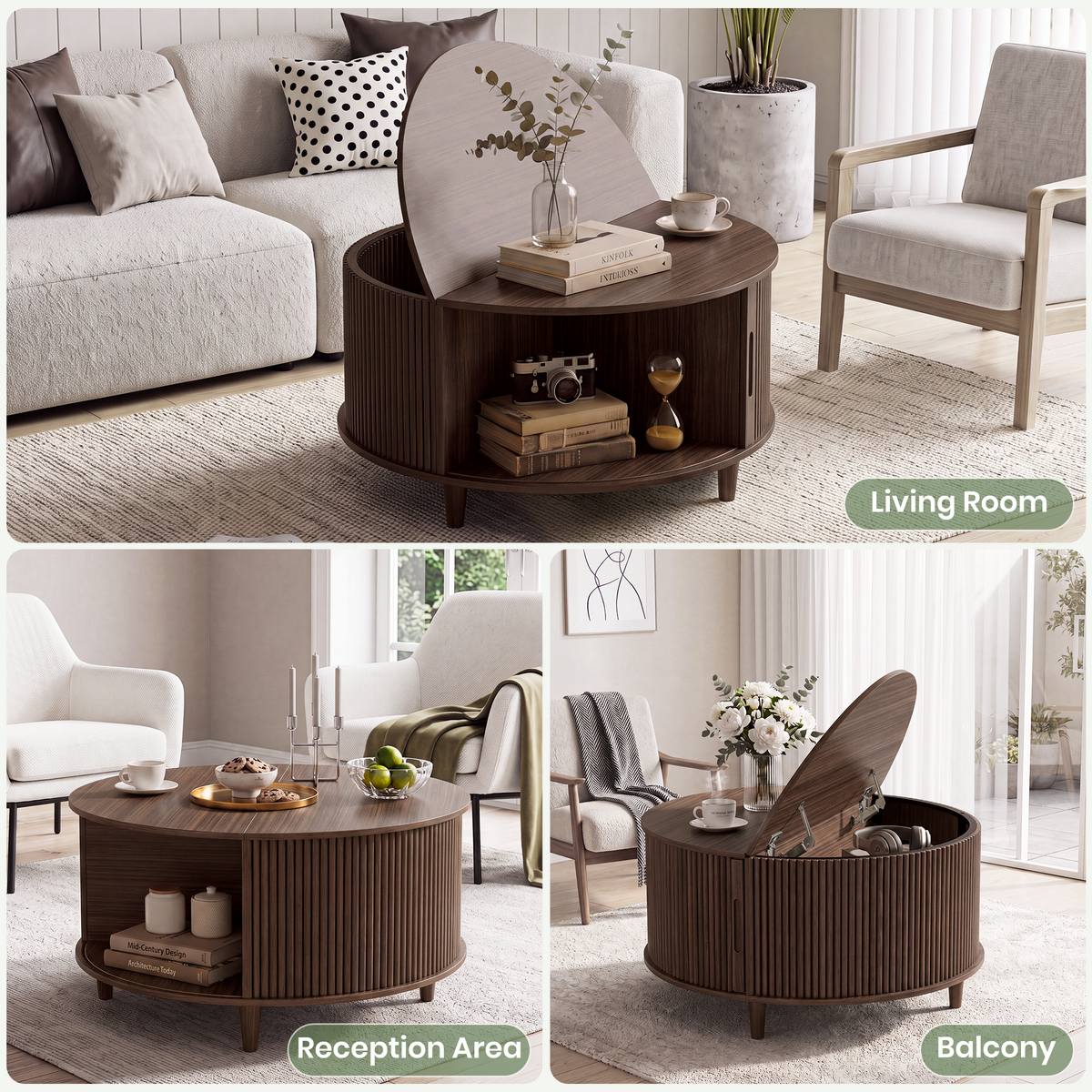 Mid-Century Modern 31.5" Round Coffee Table with Hidden Storage – Fluted Detailing, Sliding Barn-Style Cabinet, 2-Tier Rustic Wood Top, Spacious Top & Lower Shelf, for Living Room or Lounge, Brown