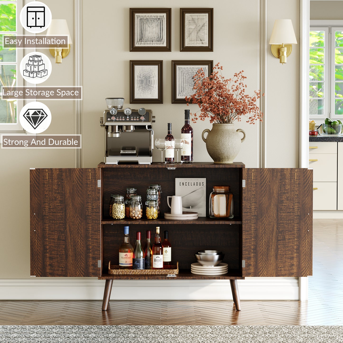 Sideboard Buffet Cabinet with Storage, Elegant Wood Accent Cabinet with Line Groove Design, Freestanding Storage Cabinet with Adjustable Shelves for Living Room, Kitchen, Entryway, Walnut