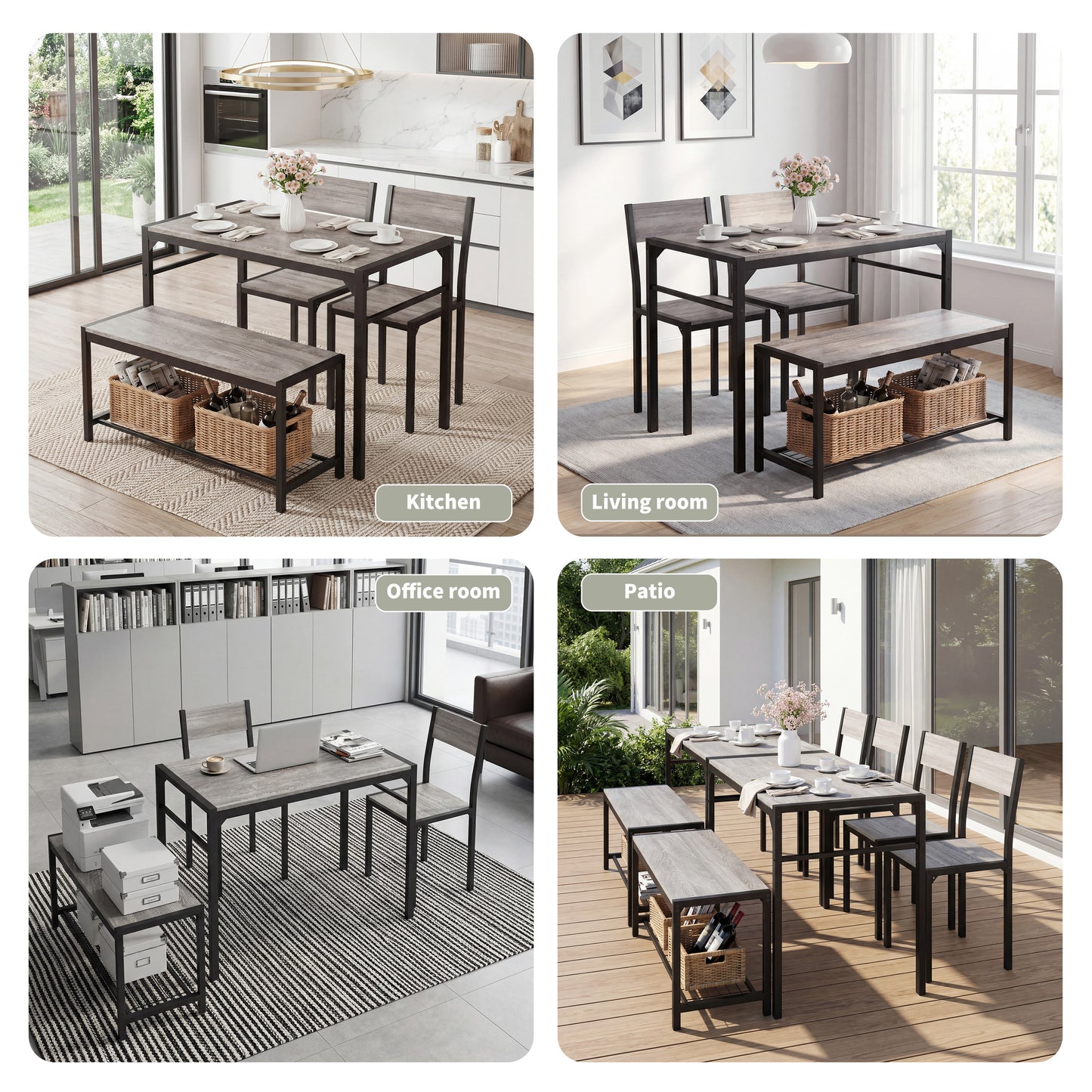 Dining Table Set for 4 with Bench, 4 Pieces Kitchen Table and Chairs, Space-Saving Dinner Table for Kitchen, Dining Room, Apartment, Extra Storage, Sturdy Construction, Easy Assembly(Grey)