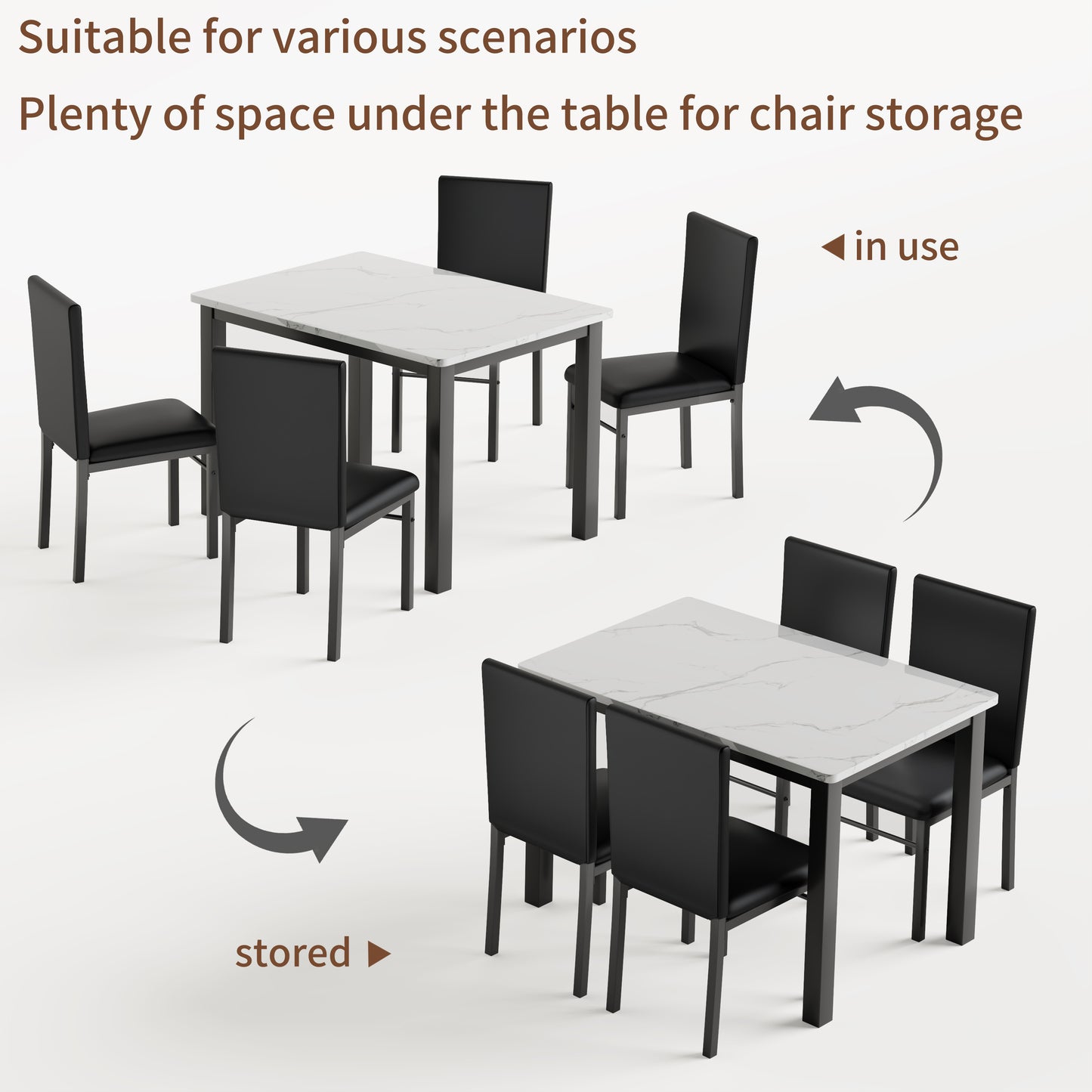 7 Piece Dining Table Set for 6, Compact Kitchen Table and Chairs Set of 6 with Faux Marble Top & Sturdy Metal Frame, Modern Dinner Table Set for Small Spaces, Apartment, White & Black