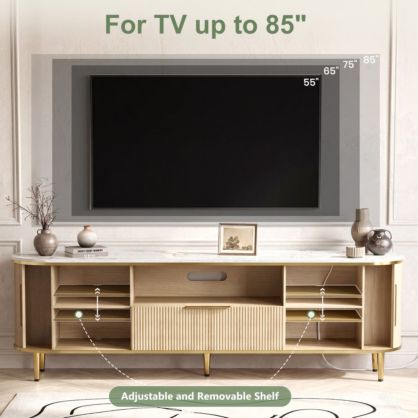 70'' Fluted TV Stand for 75, 80 Inch TV, Faux Marble Entertainment Center with Storage, Modern Curved Edge Media Console Cabinet for Living Room, Bedroom, Natural Oak