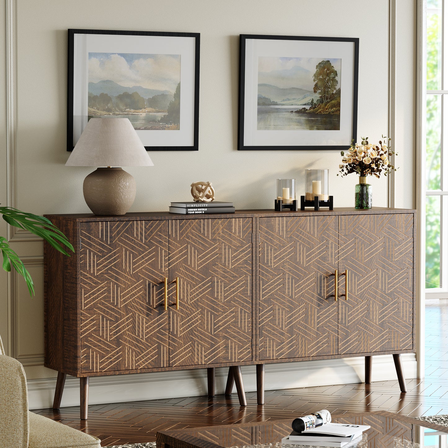 Sideboard Buffet Cabinet with Storage, Elegant Wood Accent Cabinet with Line Groove Design, Freestanding Storage Cabinet with Adjustable Shelves for Living Room, Kitchen, Entryway, Walnut