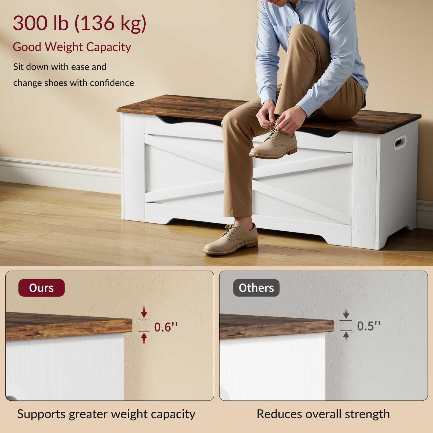 47.2" Wooden Storage Bench, Flip Top Trunk with 2 Safety Hinges, 300lbs Capacity, Multifunctional Entryway Bench for Hallway Bedroom Living Room, Blanket Organizer, White Walnut