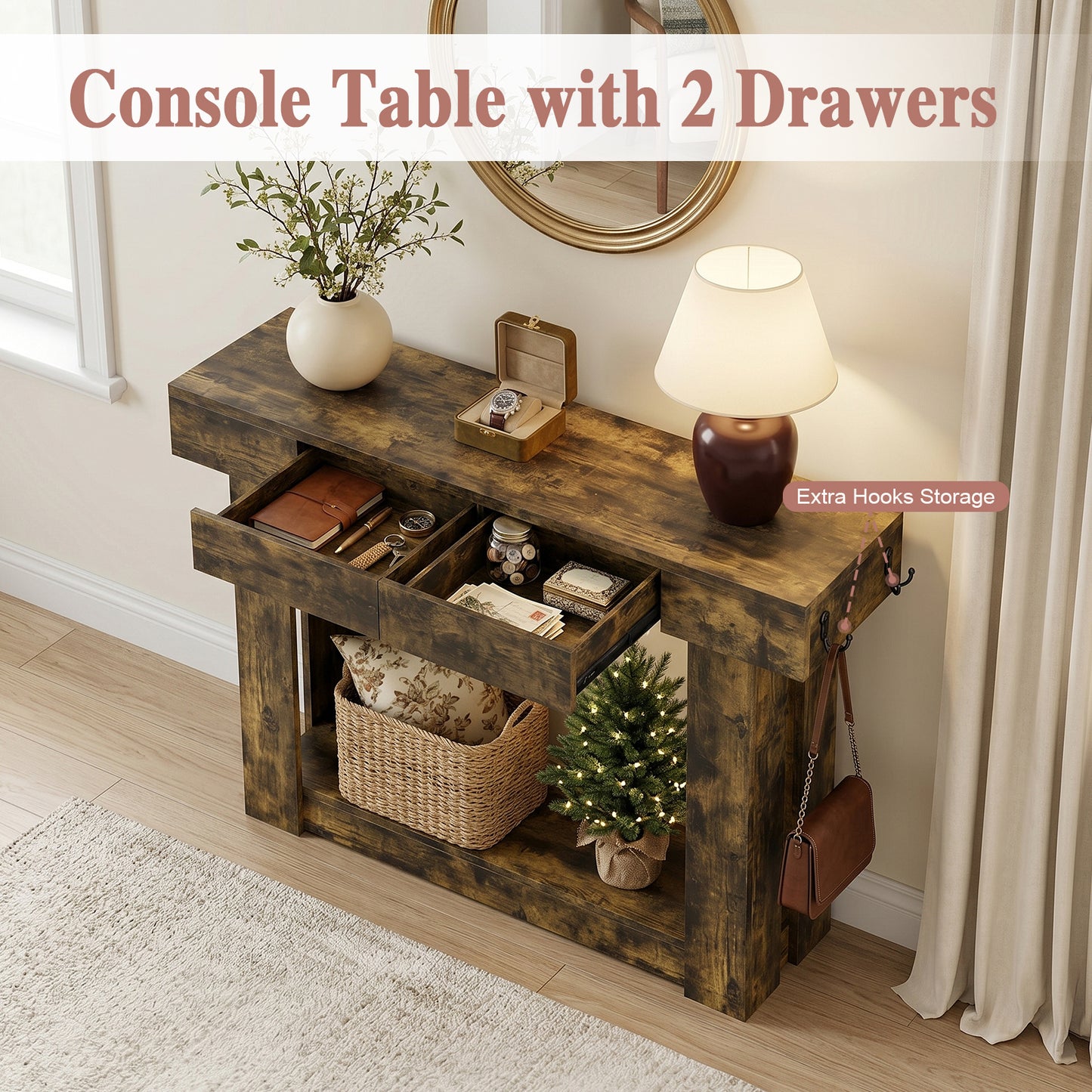 47'' Console Table with 3 Drawers and Open Storage, Entryway Table with Socket, LED Light and Hooks, Narrow Long Wood Sofa Table Behind Couch Table for Living Room, Hallway, Foyer, Brown