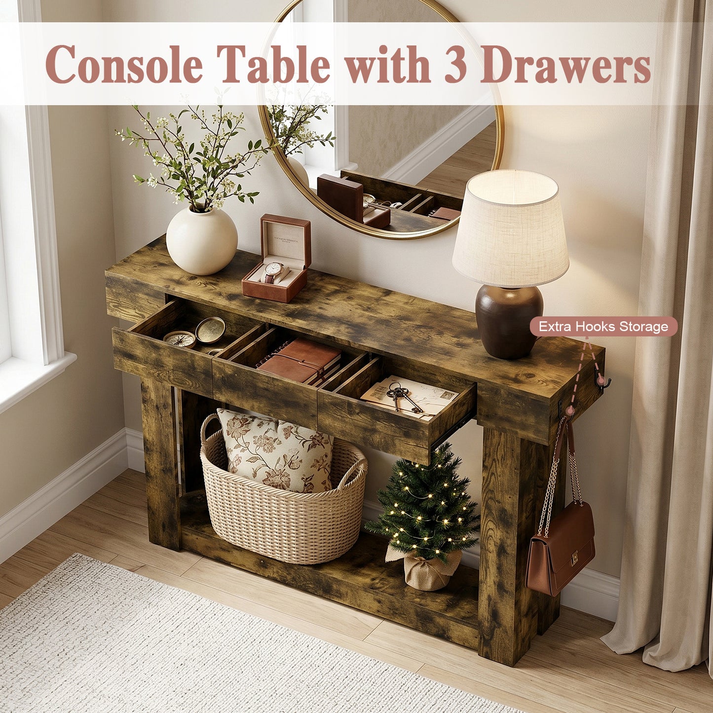 63'' Console Table with 3 Drawers and Open Storage, Entryway Table with Socket, LED Light and Hooks, Narrow Long Wood Sofa Table Behind Couch Table for Living Room, Hallway, Foyer, Brown