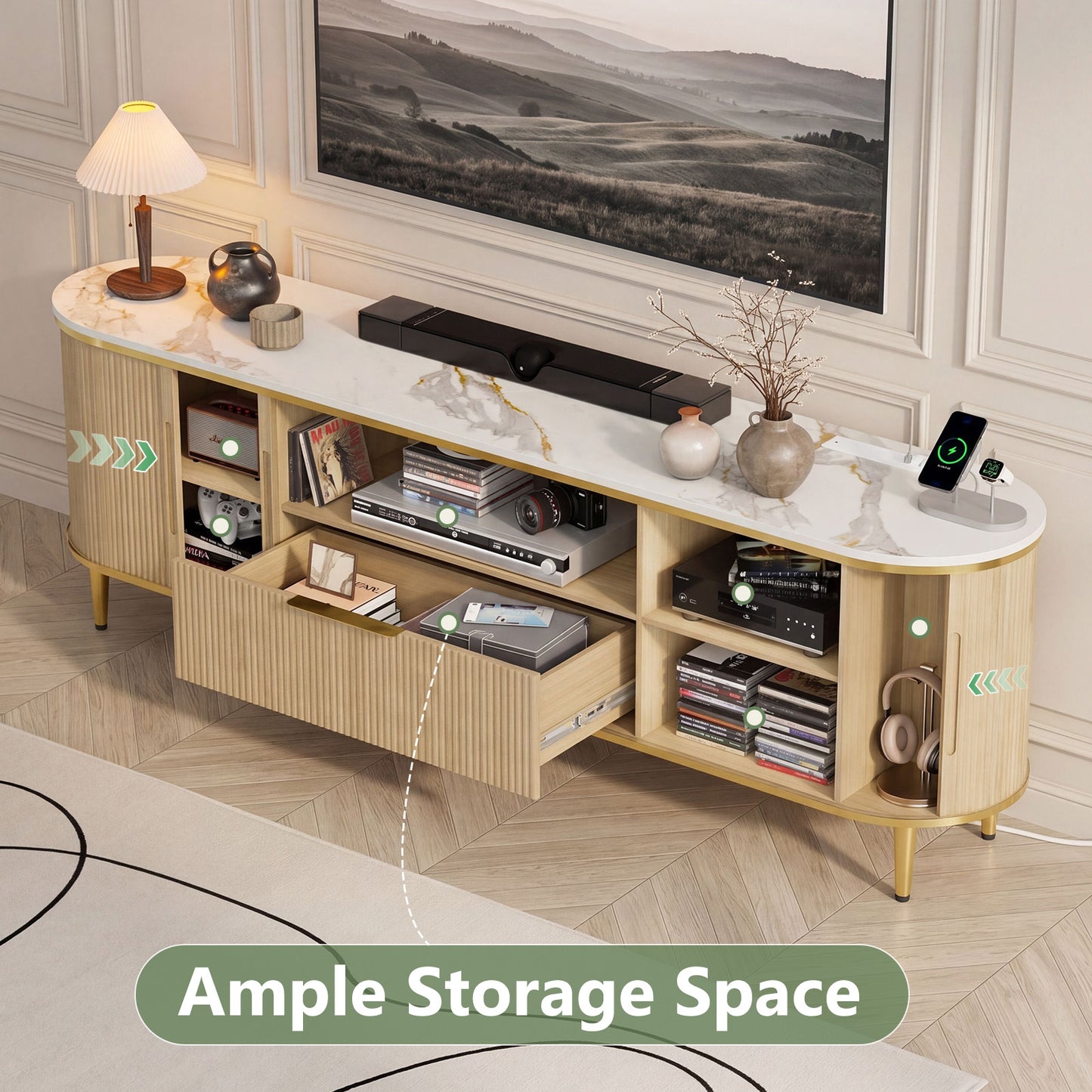 70'' Fluted TV Stand for 75, 80 Inch TV, Faux Marble Entertainment Center with Storage, Modern Curved Edge Media Console Cabinet for Living Room, Bedroom, Natural Oak