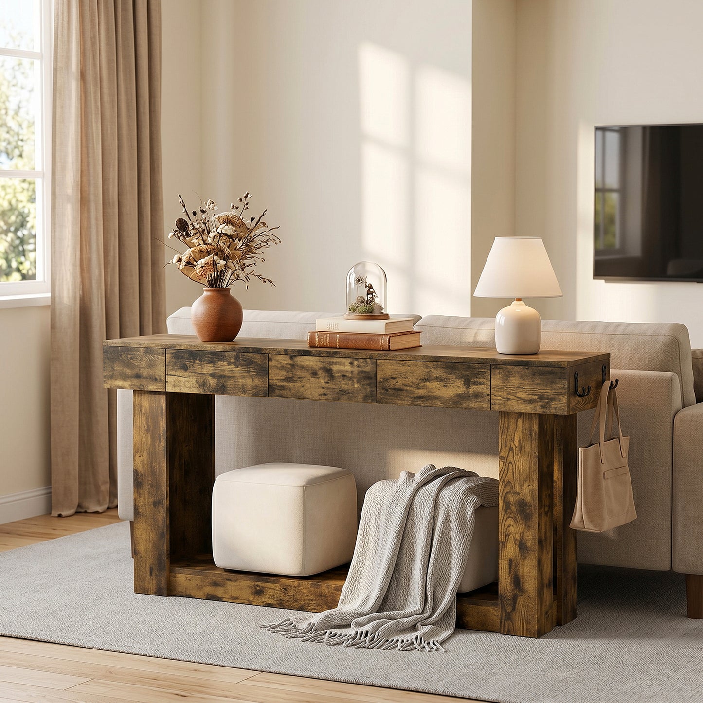 63'' Console Table with 3 Drawers and Open Storage, Entryway Table with Socket, LED Light and Hooks, Narrow Long Wood Sofa Table Behind Couch Table for Living Room, Hallway, Foyer, Brown