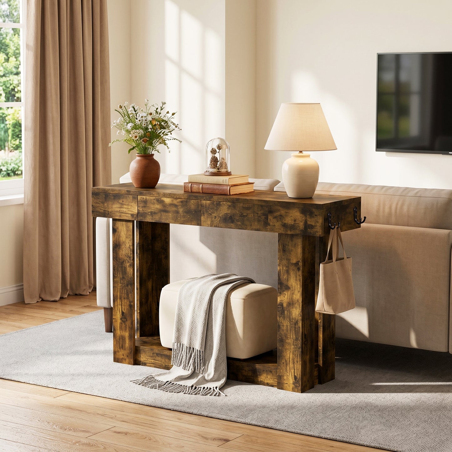 47'' Console Table with 3 Drawers and Open Storage, Entryway Table with Socket, LED Light and Hooks, Narrow Long Wood Sofa Table Behind Couch Table for Living Room, Hallway, Foyer, Brown