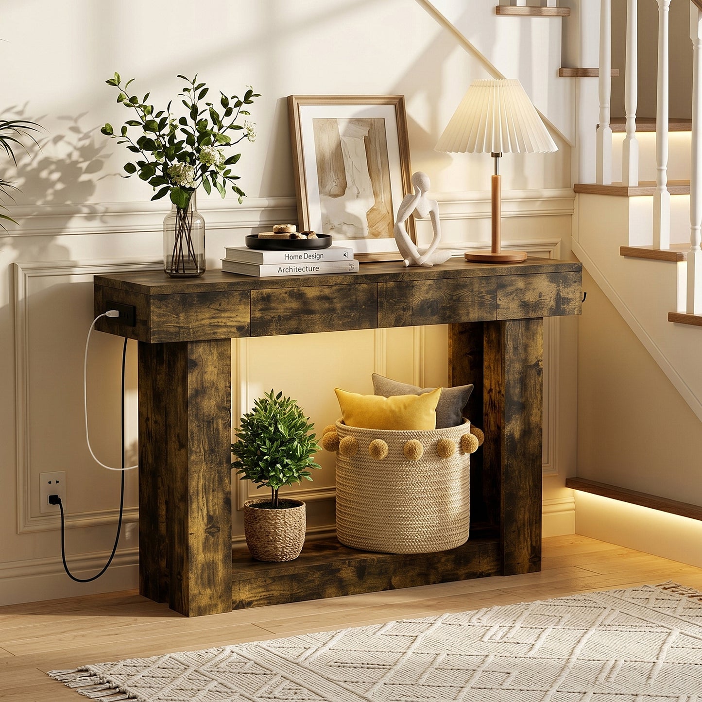 47'' Console Table with 3 Drawers and Open Storage, Entryway Table with Socket, LED Light and Hooks, Narrow Long Wood Sofa Table Behind Couch Table for Living Room, Hallway, Foyer, Brown