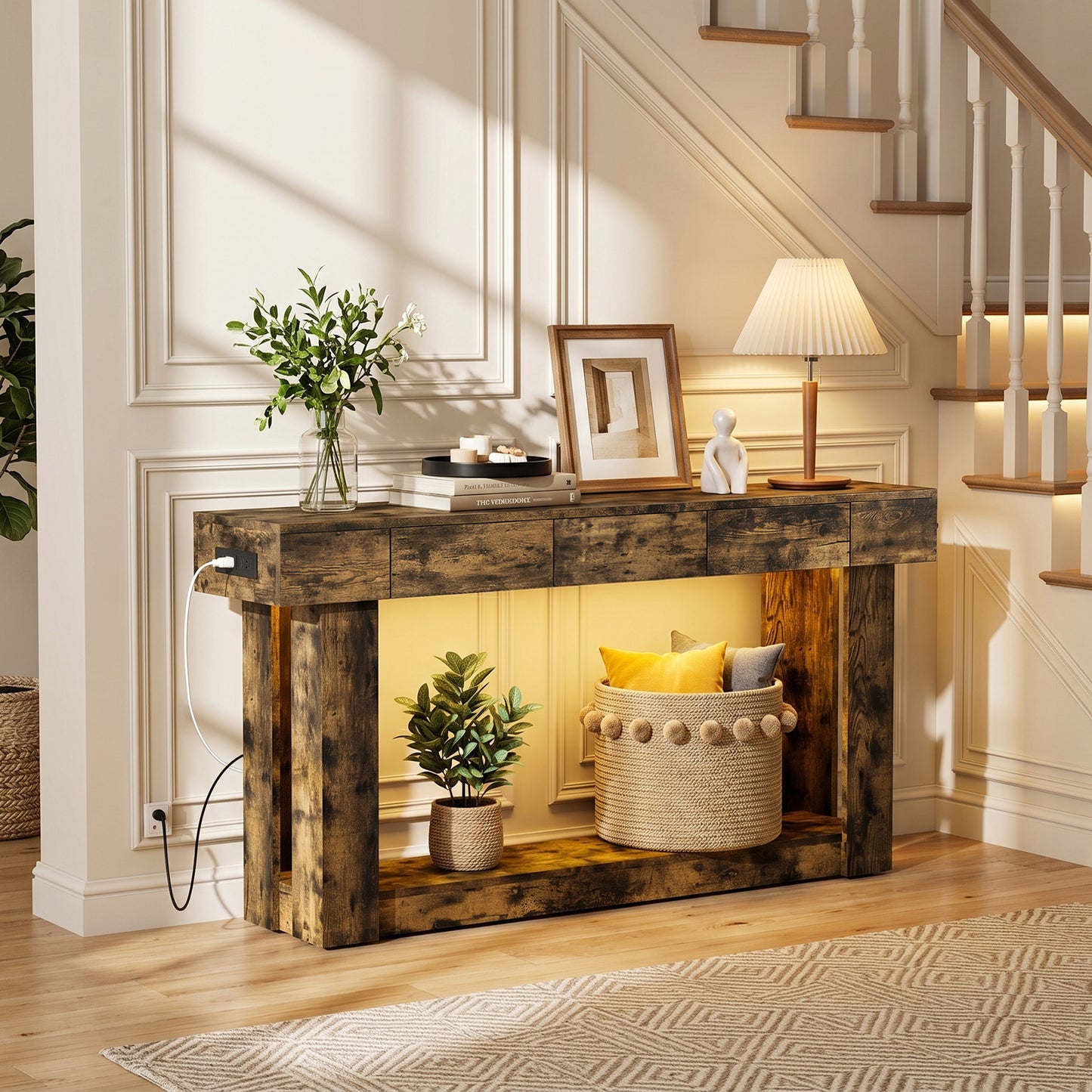 63'' Console Table with 3 Drawers and Open Storage, Entryway Table with Socket, LED Light and Hooks, Narrow Long Wood Sofa Table Behind Couch Table for Living Room, Hallway, Foyer, Brown