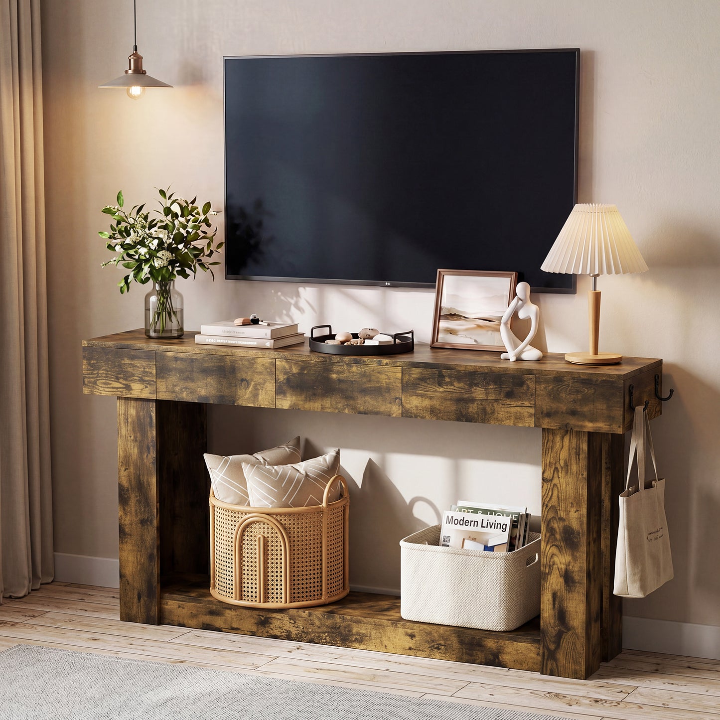 63'' Console Table with 3 Drawers and Open Storage, Entryway Table with Socket, LED Light and Hooks, Narrow Long Wood Sofa Table Behind Couch Table for Living Room, Hallway, Foyer, Brown