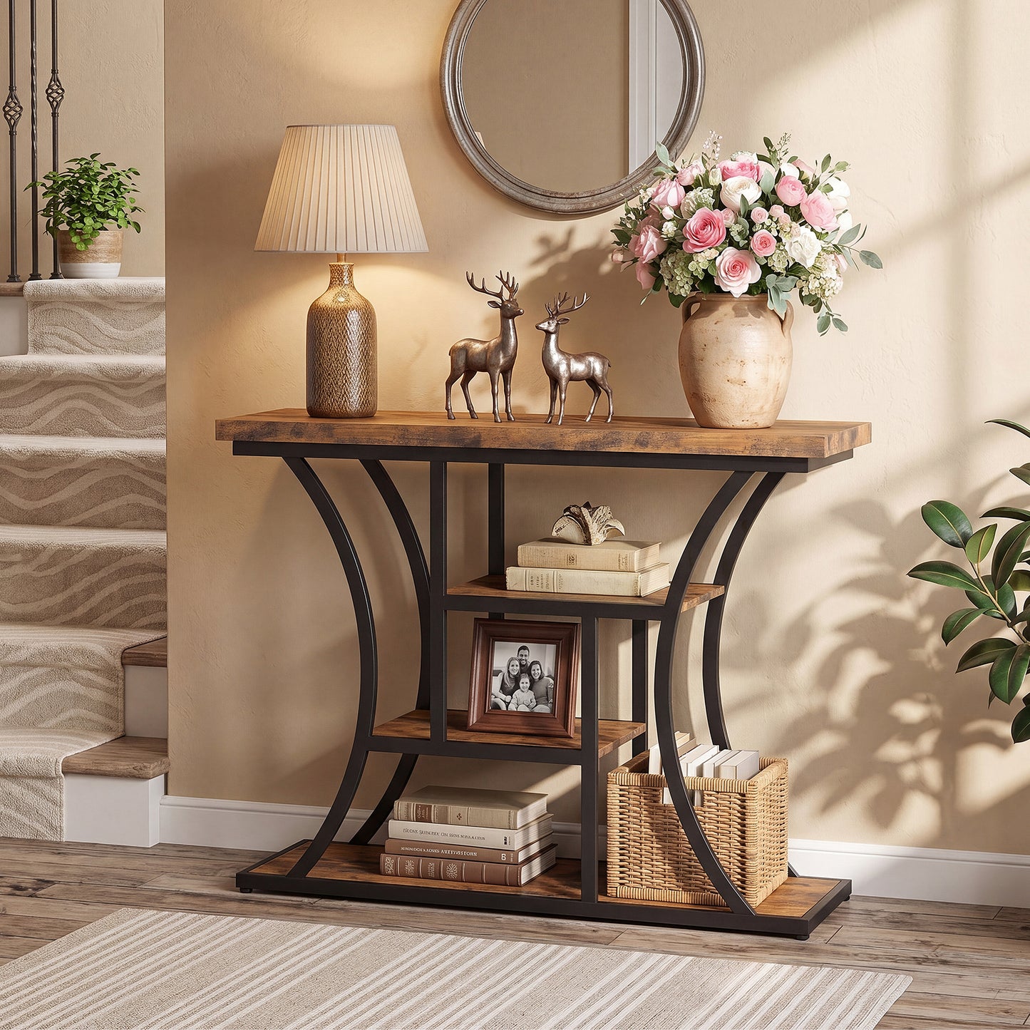 41.3" Industrial 4 - Tier Console Table with Curved Metal Frame, Narrow Long Sofa Table & Entryway Table with Storage Shelves for Living Room, Accent Table for Hallway Furniture Foyer
