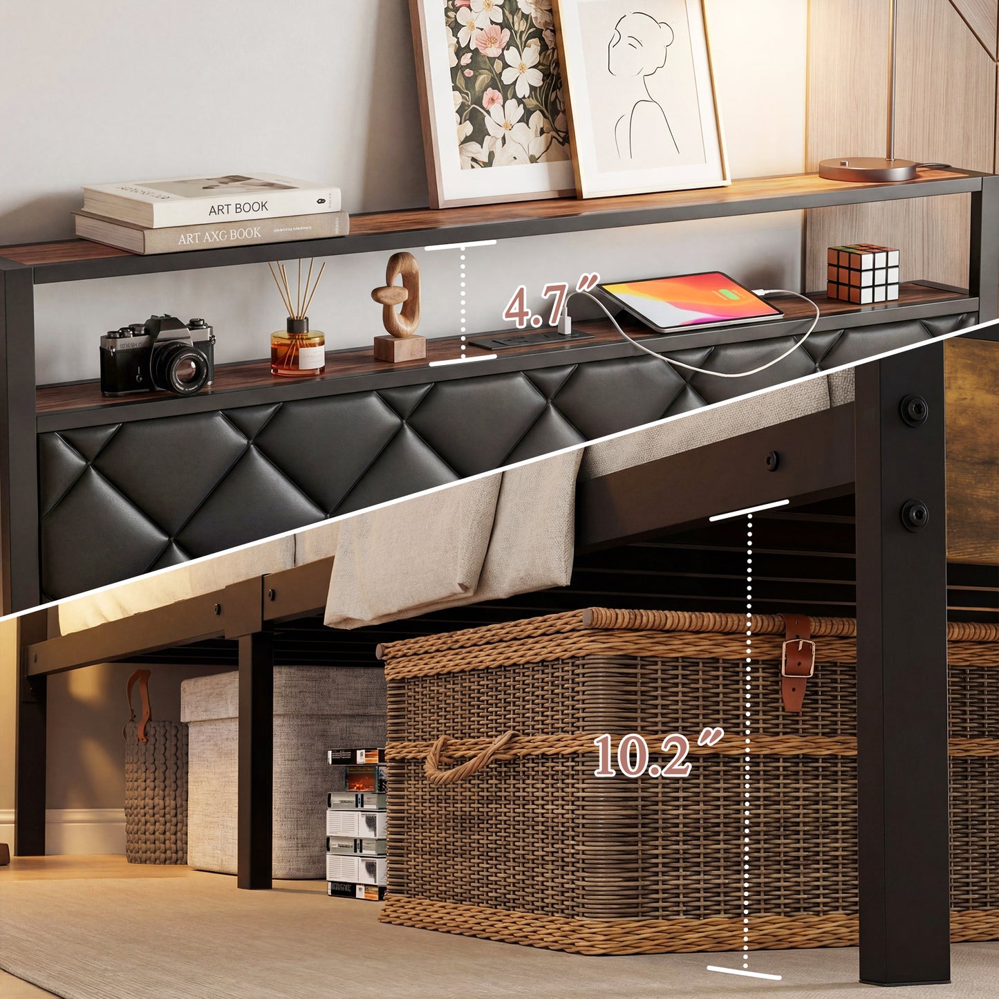 Lofitage Queen Bed Frame with Storage Headboard and Footboard, Metal Platform Bed Frame with Charging Station and LED Lights, Noise Free & Easy Assembly, Upholstered Headboard, No Box Spring Needed.