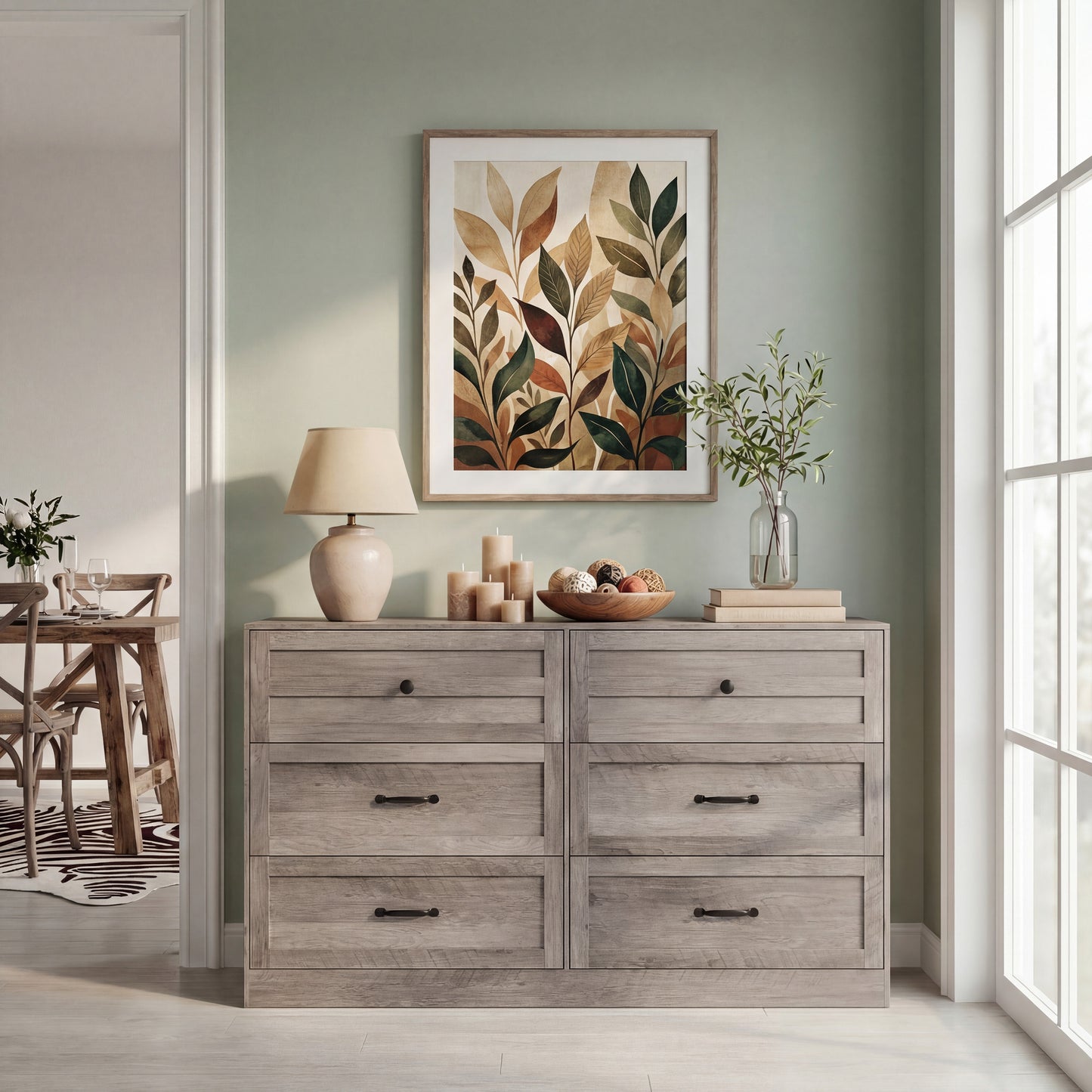 54'' Farmhouse 6 Drawer Dresser, Light Grey Wood Chest of Drawers with Metal Handles, Anti-Tipping Storage Organizer, Multi-use Bedroom Closet Dresser for Living Room Entryway Home Office