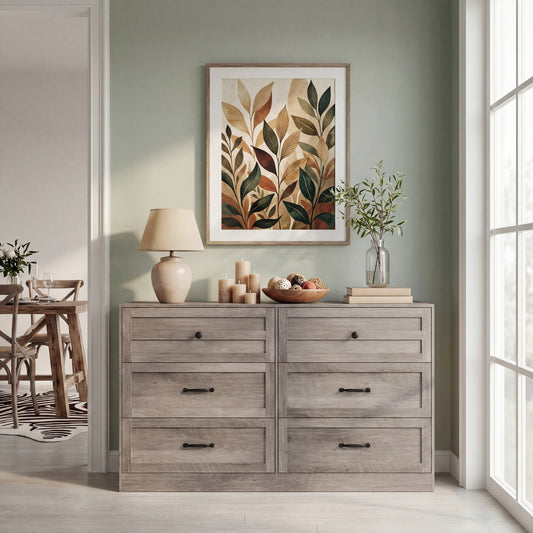 54'' Farmhouse 6 Drawer Dresser, Light Grey Wood Chest of Drawers with Metal Handles, Anti-Tipping Storage Organizer, Multi-use Bedroom Closet Dresser for Living Room Entryway Home Office