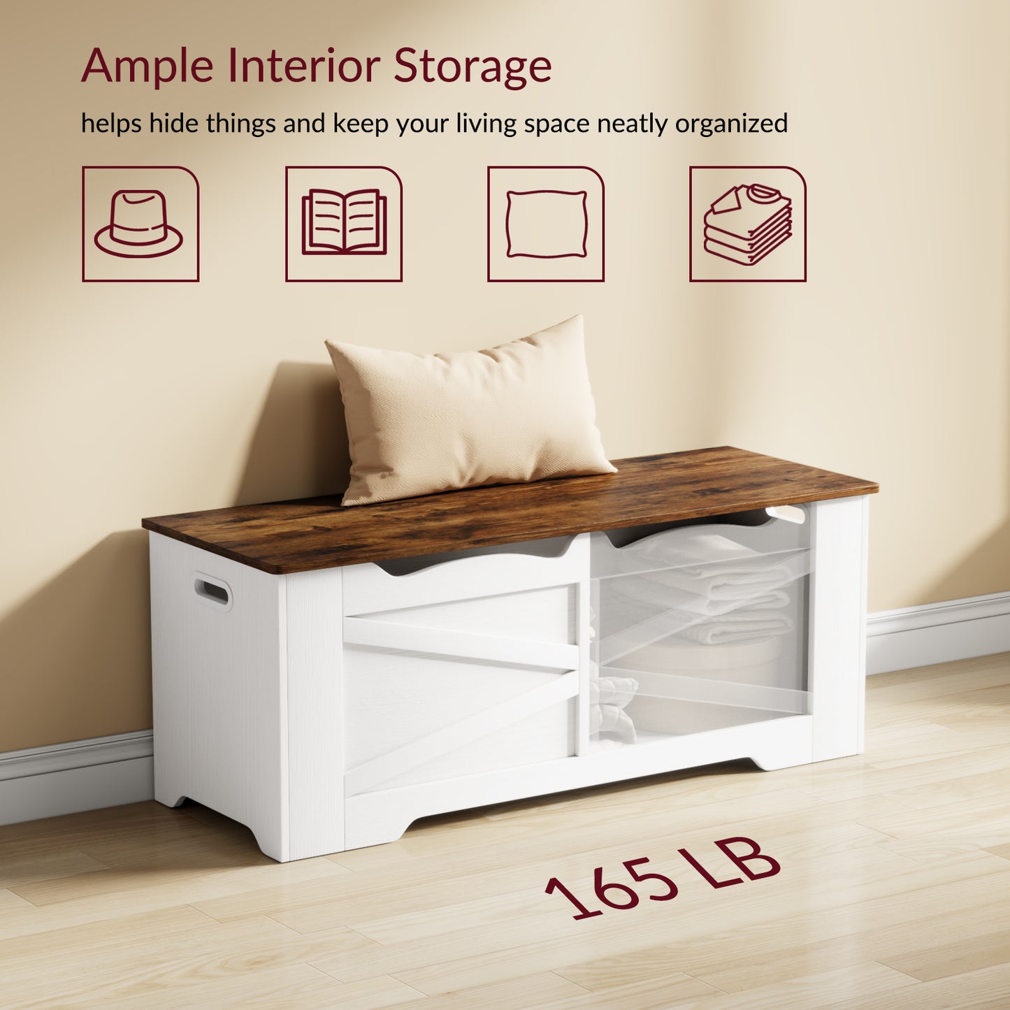 47.2" Wooden Storage Bench, Flip Top Trunk with 2 Safety Hinges, 300lbs Capacity, Multifunctional Entryway Bench for Hallway Bedroom Living Room, Blanket Organizer, White Walnut