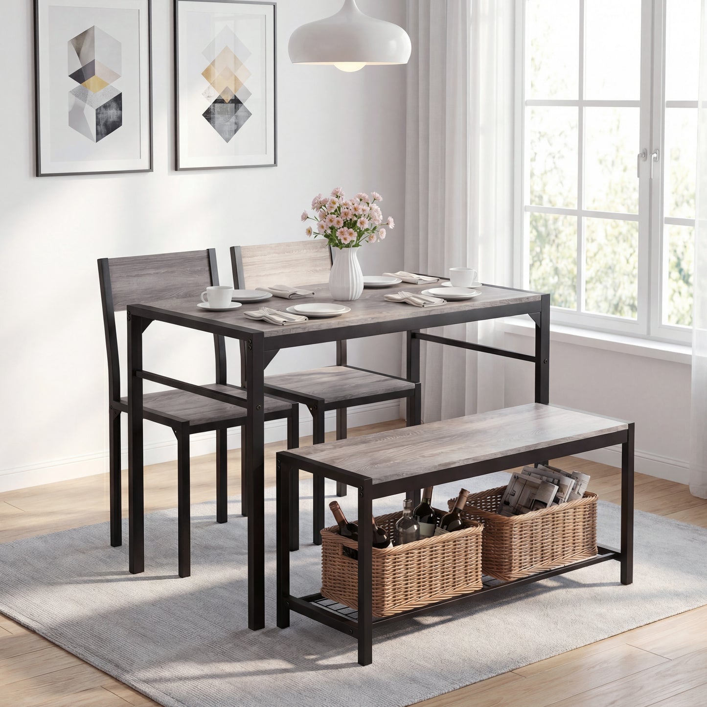 Dining Table Set for 4 with Bench, 4 Pieces Kitchen Table and Chairs, Space-Saving Dinner Table for Kitchen, Dining Room, Apartment, Extra Storage, Sturdy Construction, Easy Assembly(Grey)