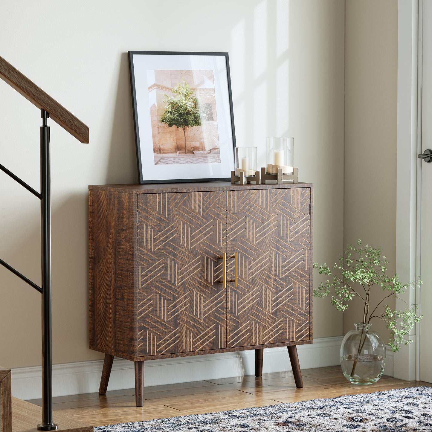 Sideboard Buffet Cabinet with Storage, Elegant Wood Accent Cabinet with Line Groove Design, Freestanding Storage Cabinet with Adjustable Shelves for Living Room, Kitchen, Entryway, Walnut