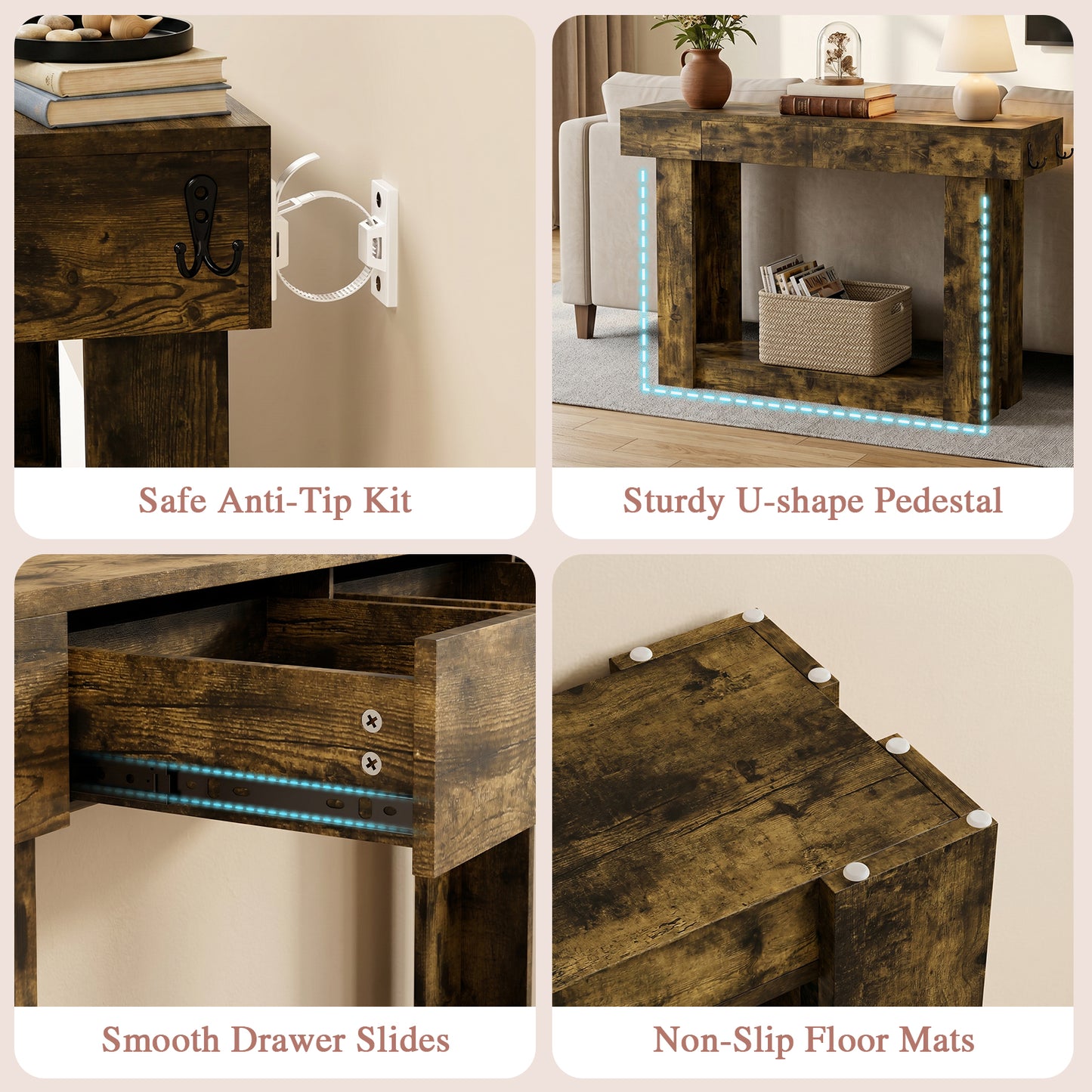 47'' Console Table with 3 Drawers and Open Storage, Entryway Table with Socket, LED Light and Hooks, Narrow Long Wood Sofa Table Behind Couch Table for Living Room, Hallway, Foyer, Brown