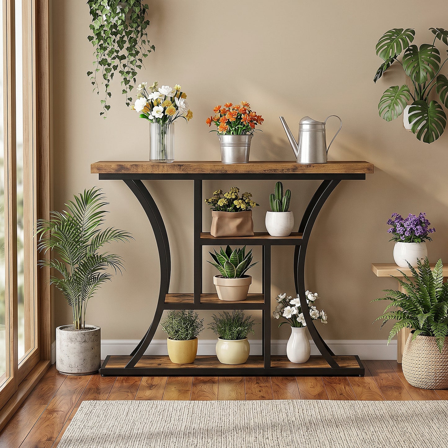 41.3" Industrial 4 - Tier Console Table with Curved Metal Frame, Narrow Long Sofa Table & Entryway Table with Storage Shelves for Living Room, Accent Table for Hallway Furniture Foyer
