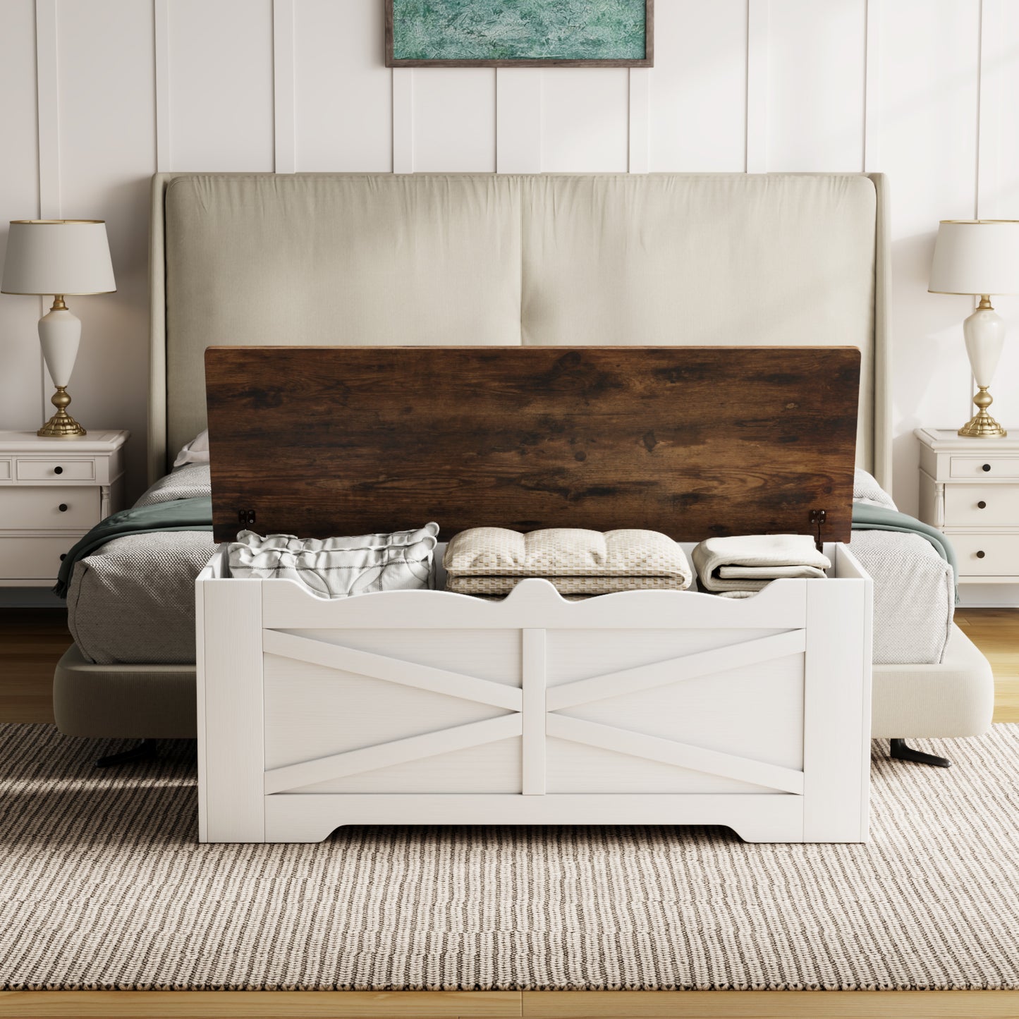 47.2" Wooden Storage Bench, Flip Top Trunk with 2 Safety Hinges, 300lbs Capacity, Multifunctional Entryway Bench for Hallway Bedroom Living Room, Blanket Organizer, White Walnut