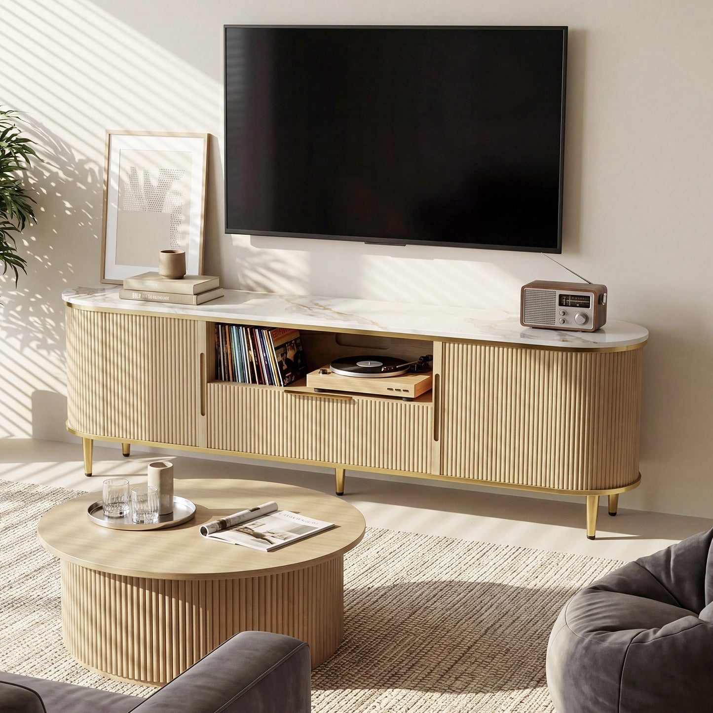 70'' Fluted TV Stand for 75, 80 Inch TV, Faux Marble Entertainment Center with Storage, Modern Curved Edge Media Console Cabinet for Living Room, Bedroom, Natural Oak