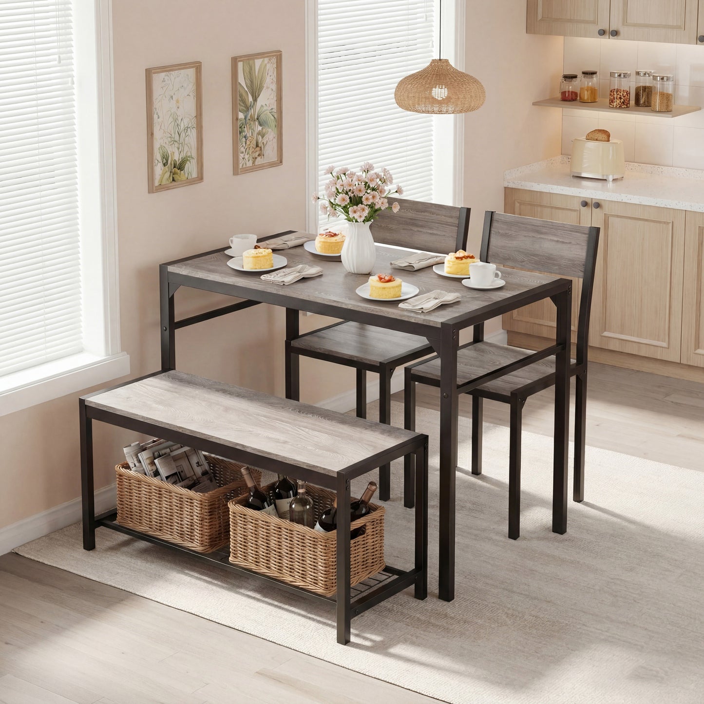 Dining Table Set for 4 with Bench, 4 Pieces Kitchen Table and Chairs, Space-Saving Dinner Table for Kitchen, Dining Room, Apartment, Extra Storage, Sturdy Construction, Easy Assembly(Grey)