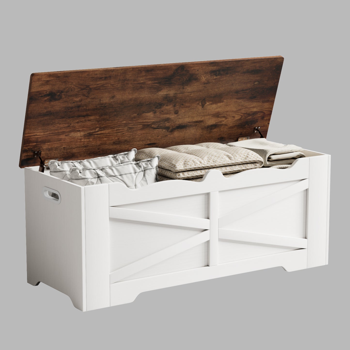 47.2" Wooden Storage Bench, Flip Top Trunk with 2 Safety Hinges, 300lbs Capacity, Multifunctional Entryway Bench for Hallway Bedroom Living Room, Blanket Organizer, White Walnut