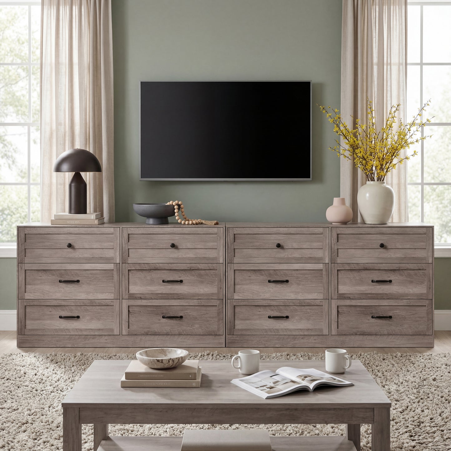 54'' Farmhouse 6 Drawer Dresser, Light Grey Wood Chest of Drawers with Metal Handles, Anti-Tipping Storage Organizer, Multi-use Bedroom Closet Dresser for Living Room Entryway Home Office