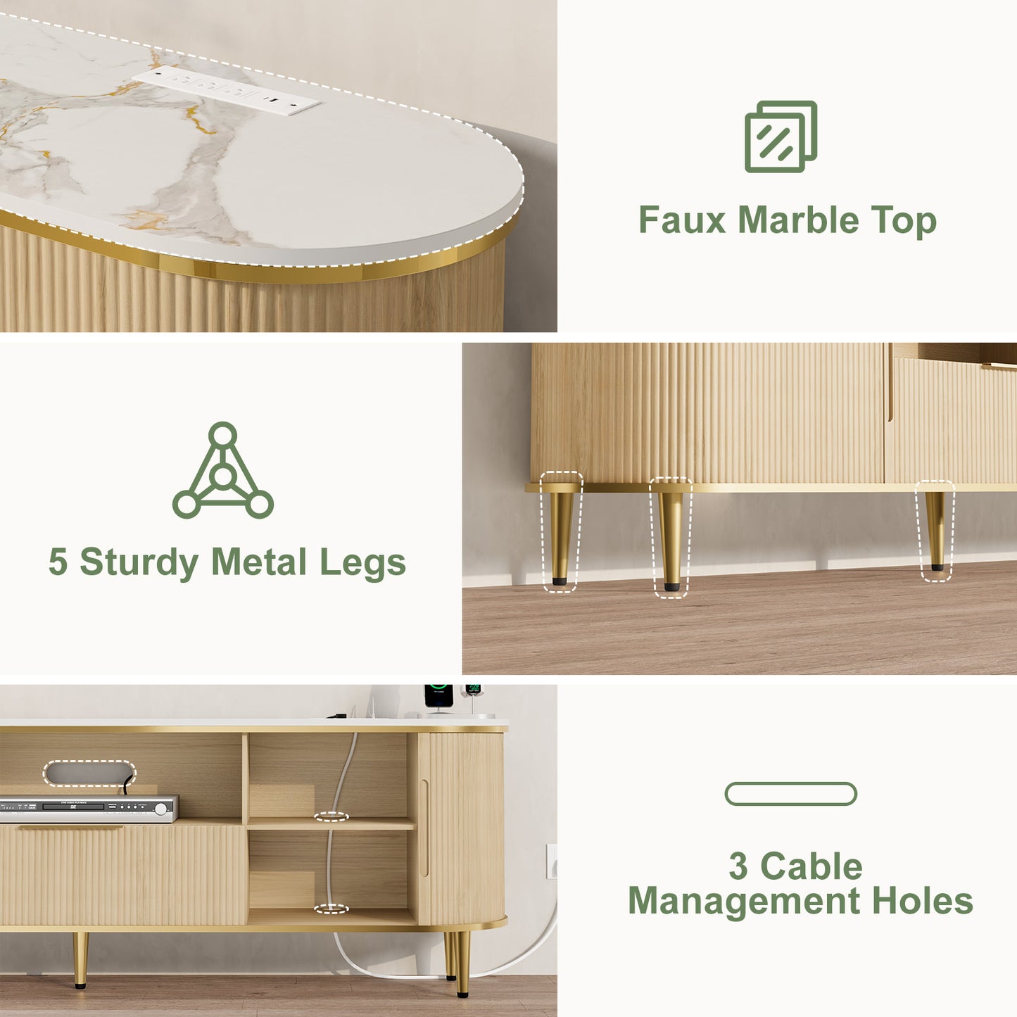 70'' Fluted TV Stand for 75, 80 Inch TV, Faux Marble Entertainment Center with Storage, Modern Curved Edge Media Console Cabinet for Living Room, Bedroom, Natural Oak