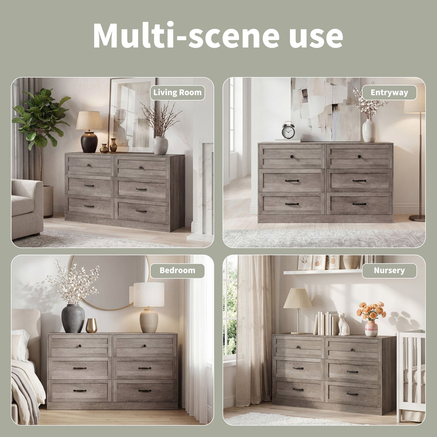 54'' Farmhouse 6 Drawer Dresser, Light Grey Wood Chest of Drawers with Metal Handles, Anti-Tipping Storage Organizer, Multi-use Bedroom Closet Dresser for Living Room Entryway Home Office