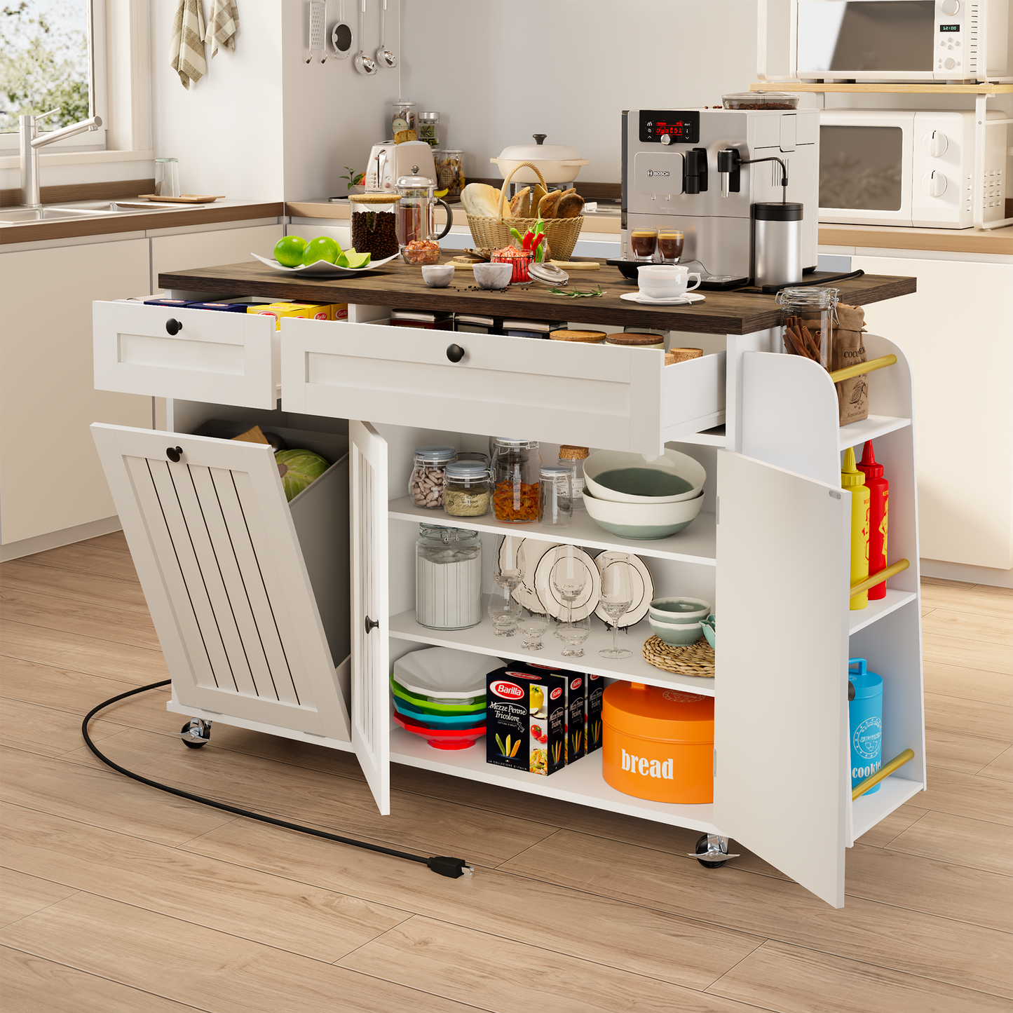 60.2" Rolling Kitchen Island with Storage & Power Outlet, Island Table for Kitchen with Drop Leaf, Hidden Trash Can, 3 Open Spice Rack & Towel Rack, Kitchen Island on Wheels, White