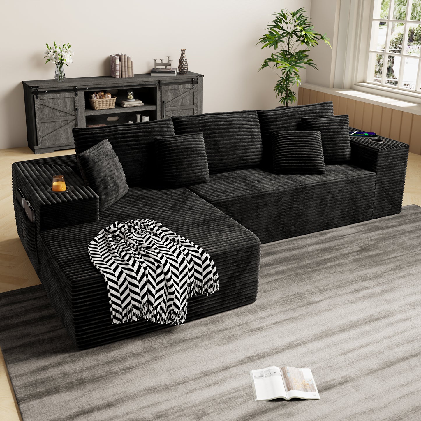 104.3'' L-Shape Cloud Sectional Couch, Modular Sectional Sofa with Side Pocket, Cup Holder&USB Port, Couch for Living Room Bedroom with Deep Seat, Plush Corduroy Fabric, No Assembly, Black