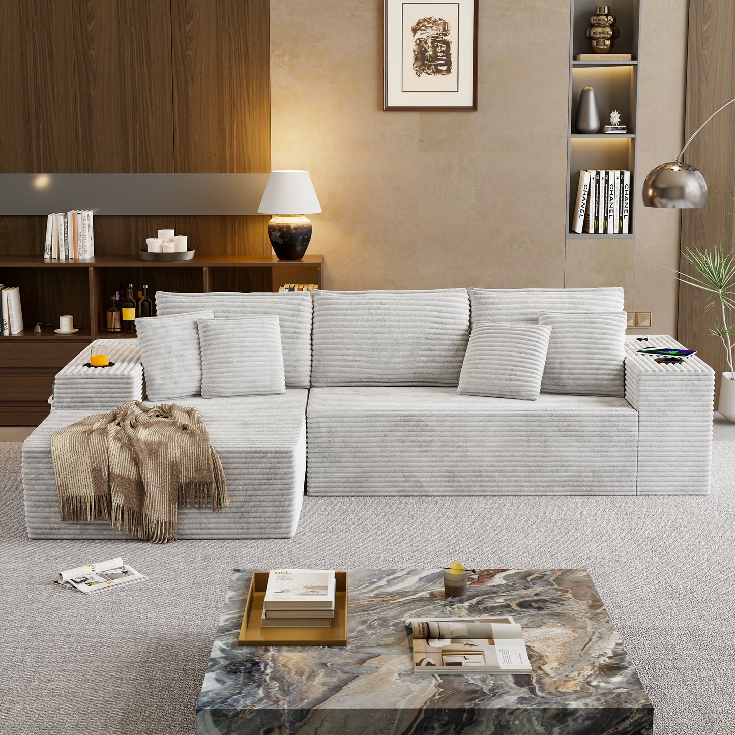 104.3'' L-Shape Cloud Sectional Couch, Modular Sectional Sofa with Side Pocket, Cup Holder&USB Port, Couch for Living Room Bedroom with Deep Seat, Plush Corduroy Fabric, No Assembly, Beige