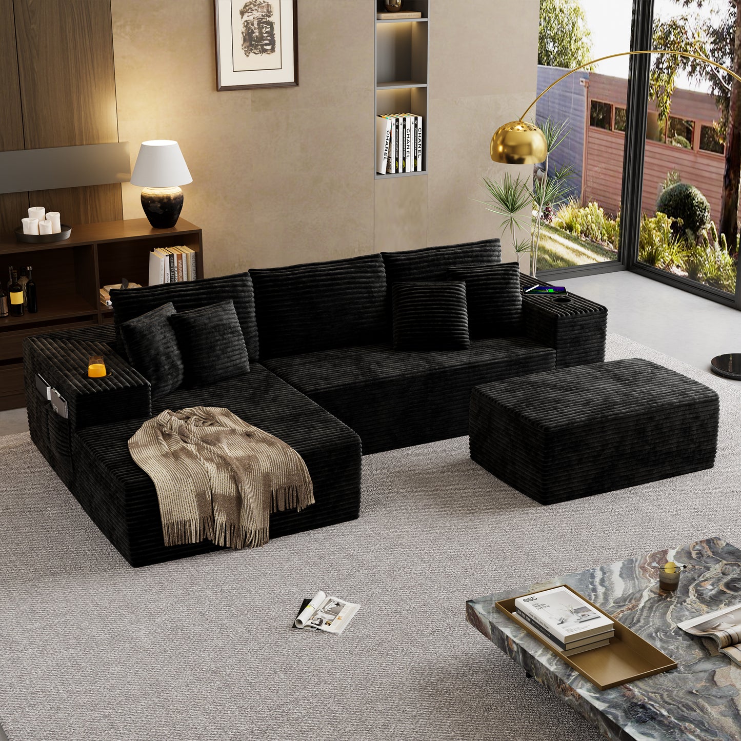 104.3'' L-Shape Cloud Sectional Couch, Modular Sectional Sofa with Side Pocket, Cup Holder&USB Port, Couch for Living Room Bedroom with Deep Seat, Plush Corduroy Fabric, No Assembly, Black