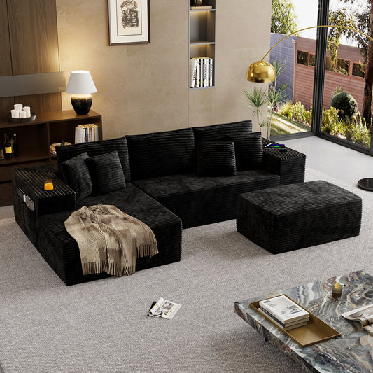 104.3'' L-Shape Cloud Sectional Couch, Modular Sectional Sofa with Side Pocket, Cup Holder&USB Port, Couch for Living Room Bedroom with Deep Seat, Plush Corduroy Fabric, No Assembly, Black