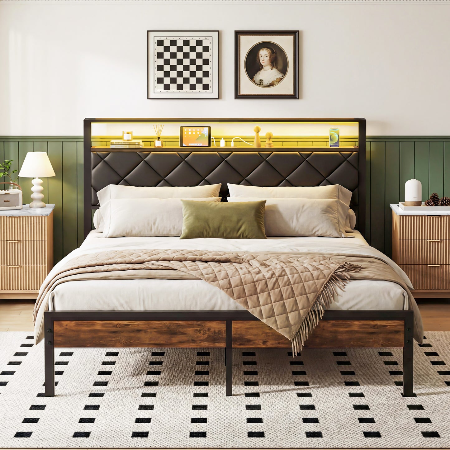 Lofitage Queen Bed Frame with Storage Headboard and Footboard, Metal Platform Bed Frame with Charging Station and LED Lights, Noise Free & Easy Assembly, Upholstered Headboard, No Box Spring Needed.