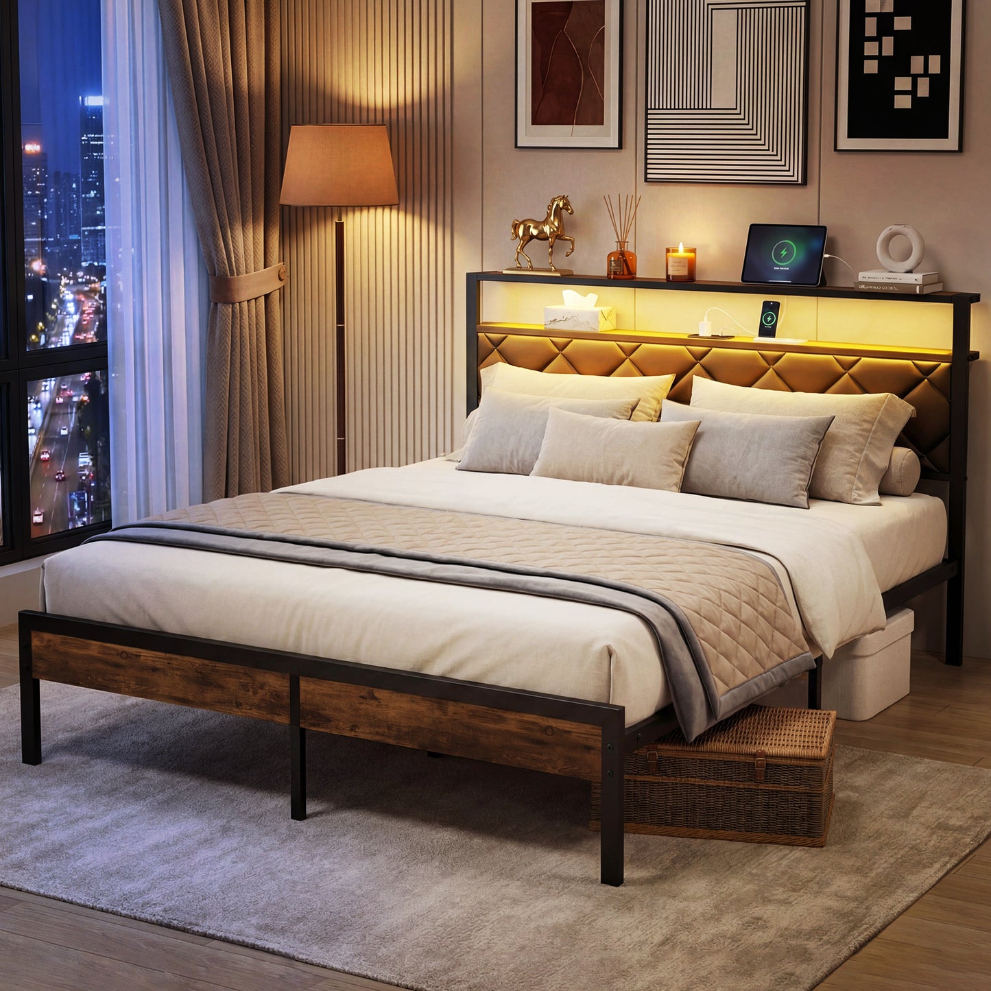 Lofitage Queen Bed Frame with Storage Headboard and Footboard, Metal Platform Bed Frame with Charging Station and LED Lights, Noise Free & Easy Assembly, Upholstered Headboard, No Box Spring Needed.