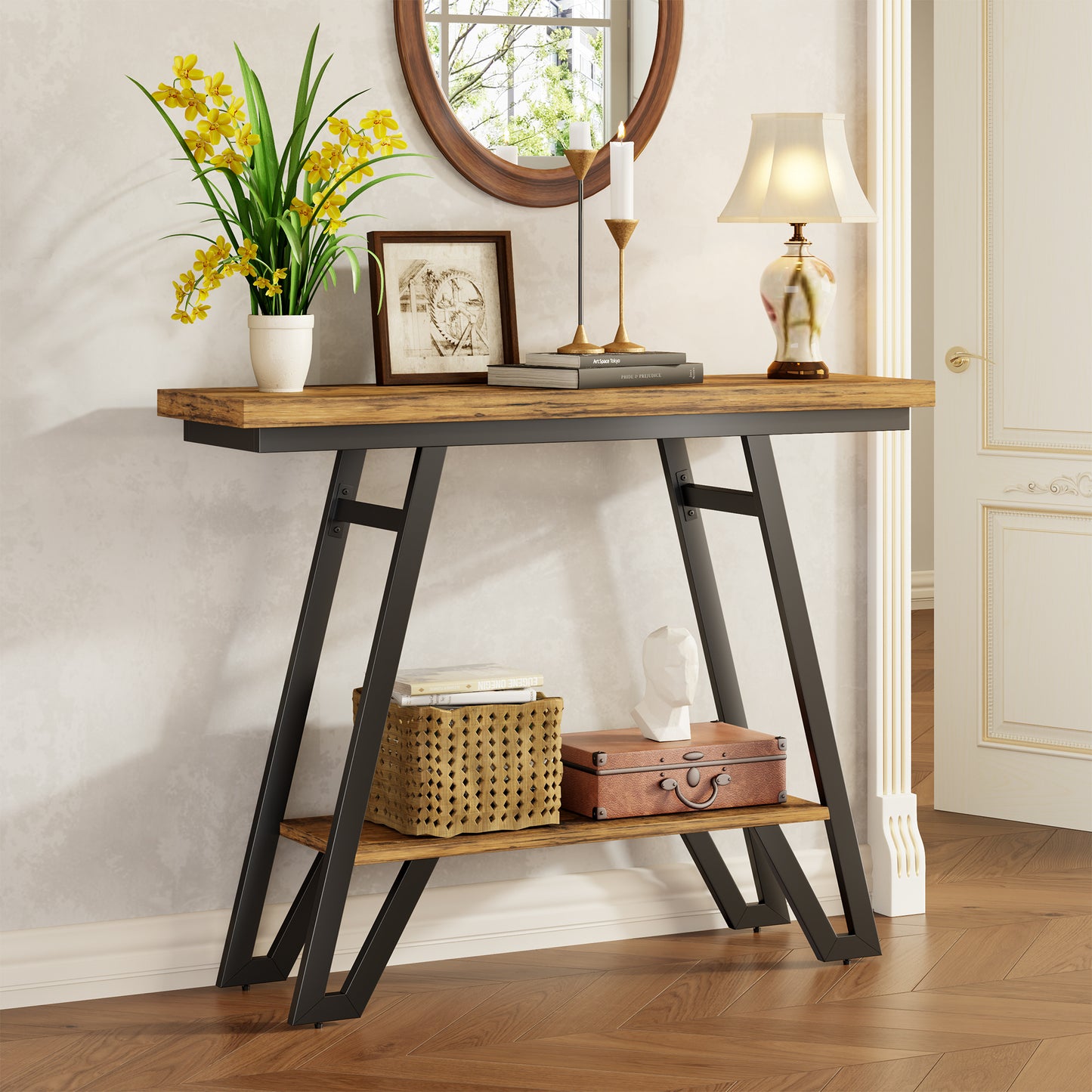 Console Table for Entryway, Space Saving Small Entryway Table with Open Shelves, Narrow Sofa Table Behind Couch for Living Room, Hallway, Easy Assembly, Wooden Top